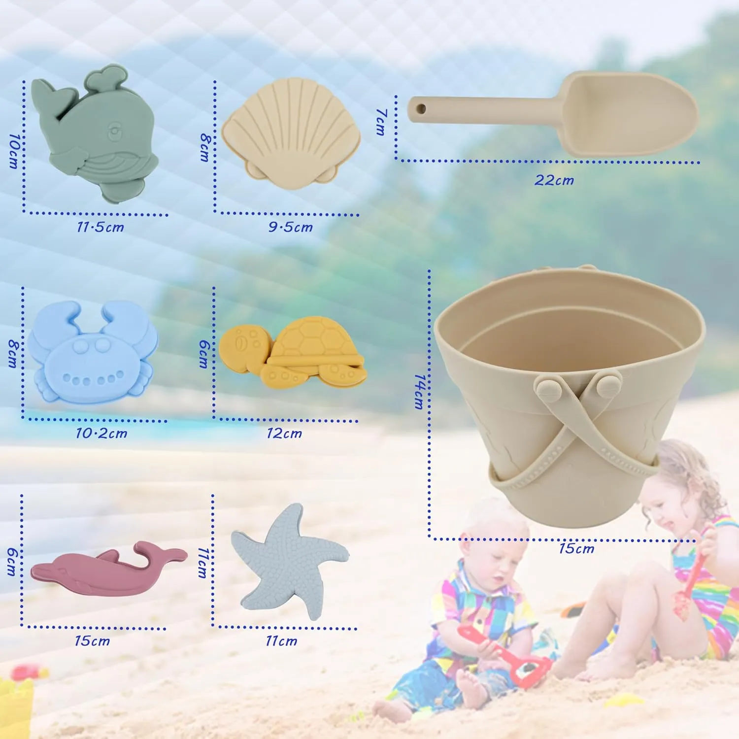 LAT 8Pcs Silicone Beach Toys-Summer Kids Beach Set with Silicone Bucket, Shovel, 6 Sand Molds | Outdoor Playset for Toddlers, Kids(Beige)