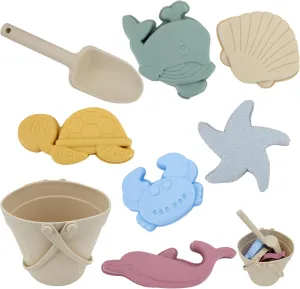 LAT 8Pcs Silicone Beach Toys-Summer Kids Beach Set with Silicone Bucket, Shovel, 6 Sand Molds | Outdoor Playset for Toddlers, Kids(Beige)