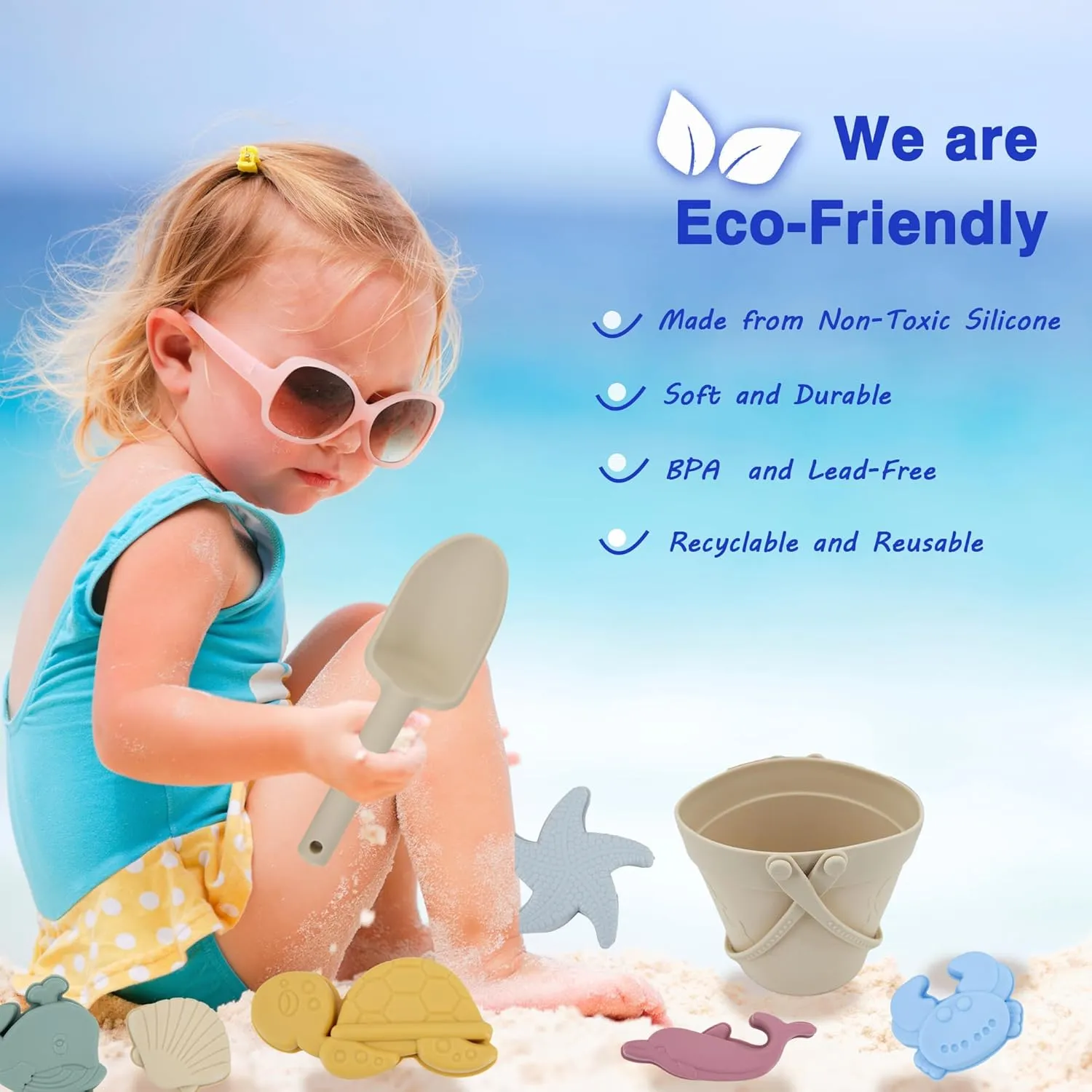 LAT 8Pcs Silicone Beach Toys-Summer Kids Beach Set with Silicone Bucket, Shovel, 6 Sand Molds | Outdoor Playset for Toddlers, Kids(Beige)