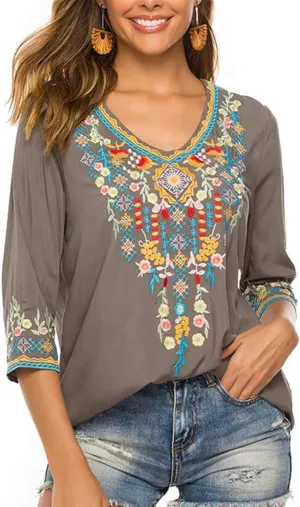 LauraKlein Women's Boho Embroidered Peasant Tops 3/4 Sleeve V Neck Mexican Bohemian Shirts Tunics Blouses