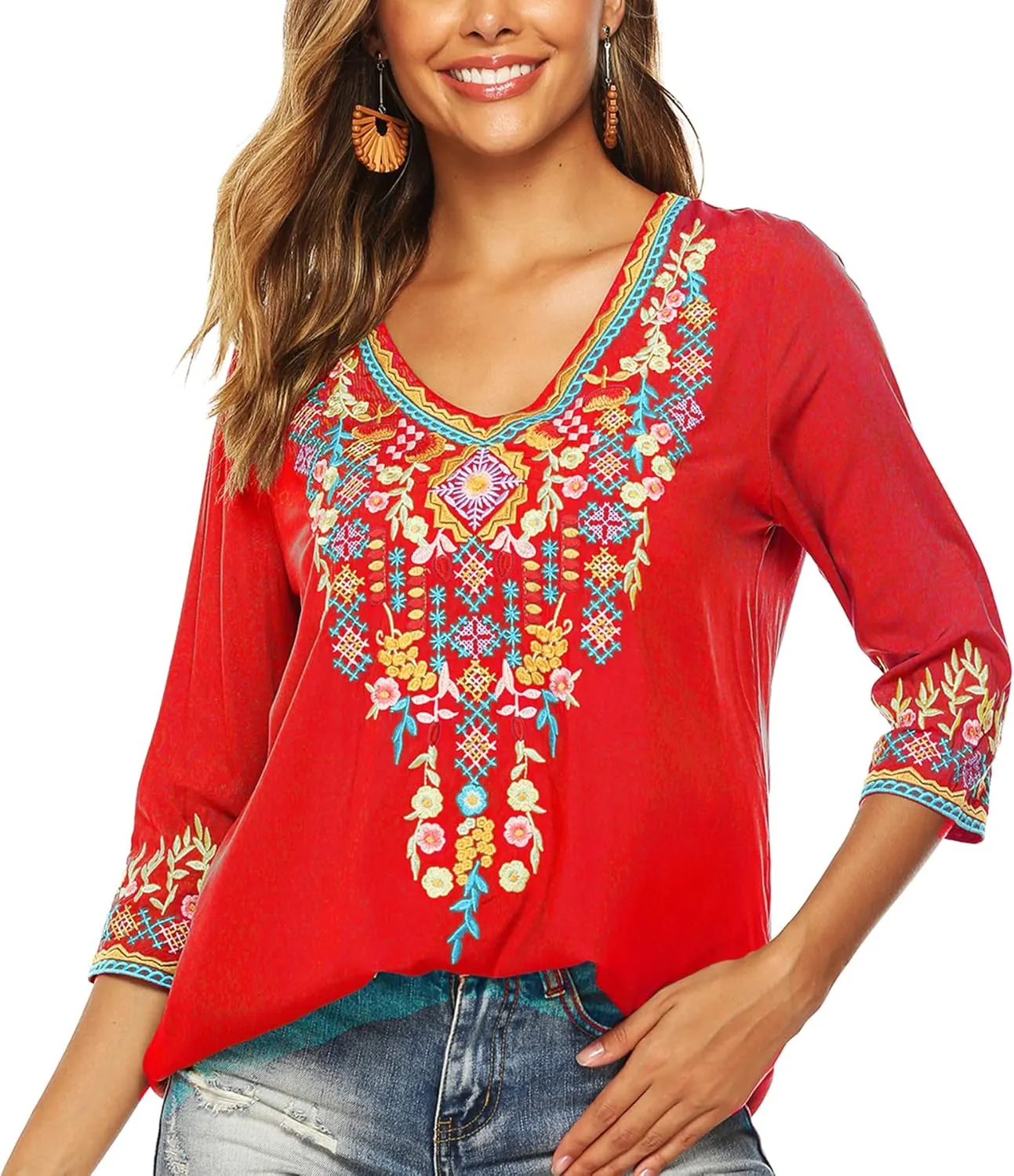 LauraKlein Women's Boho Embroidered Peasant Tops 3/4 Sleeve V Neck Mexican Bohemian Shirts Tunics Blouses