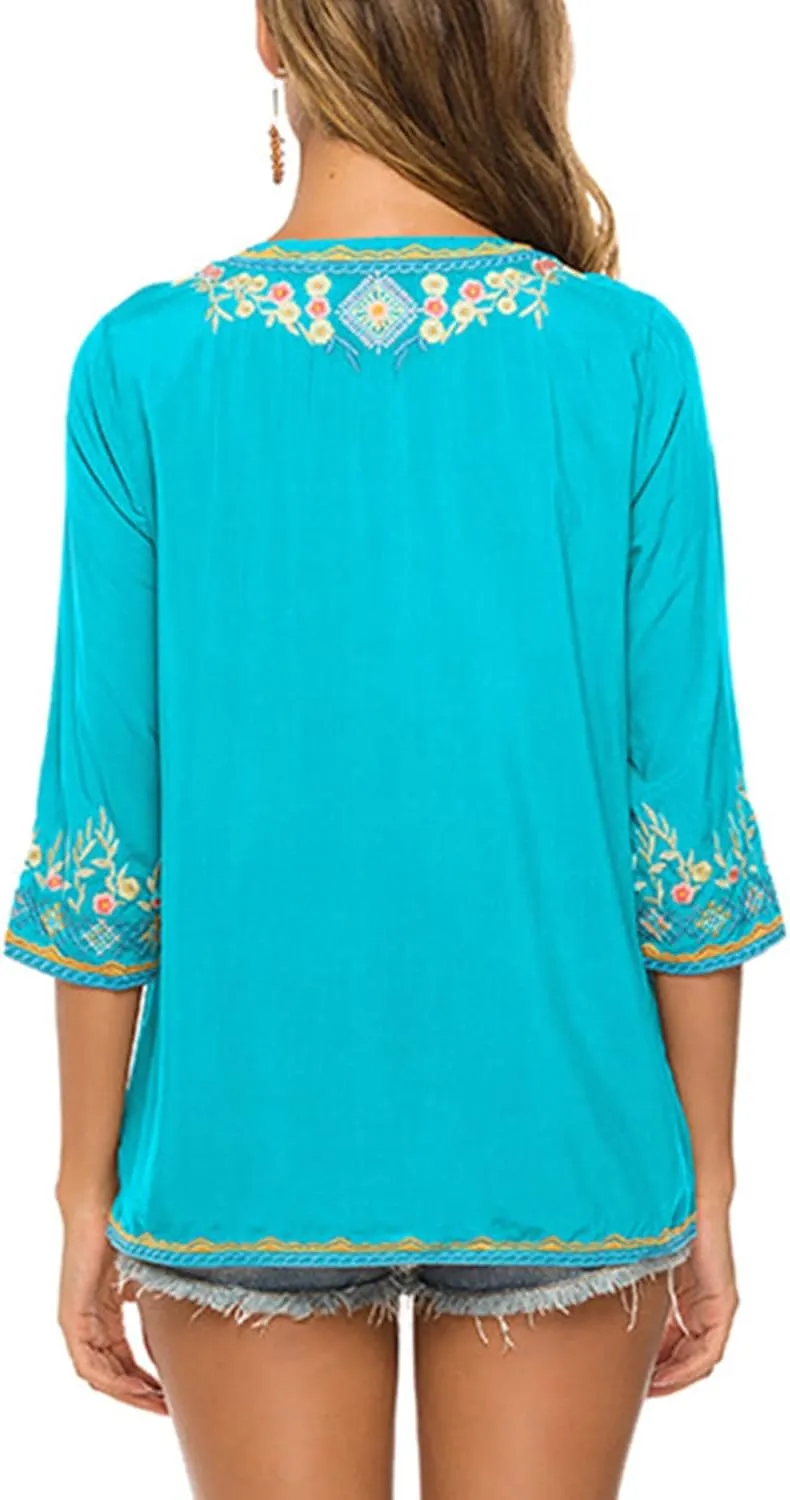 LauraKlein Women's Boho Embroidered Peasant Tops 3/4 Sleeve V Neck Mexican Bohemian Shirts Tunics Blouses