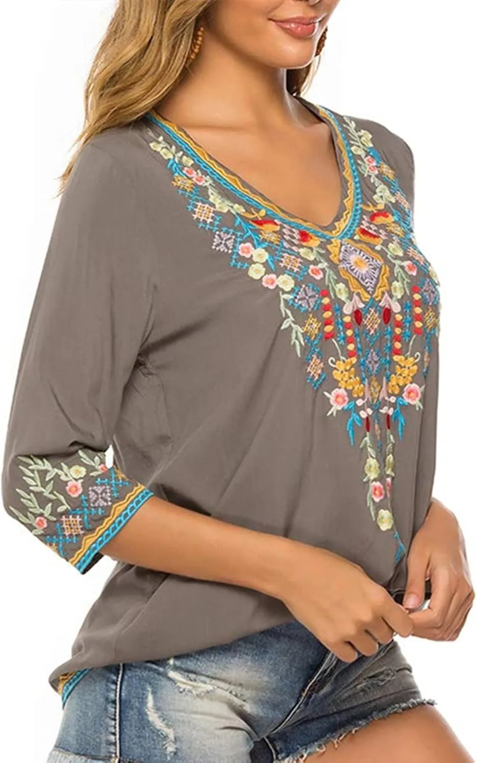 LauraKlein Women's Boho Embroidered Peasant Tops 3/4 Sleeve V Neck Mexican Bohemian Shirts Tunics Blouses