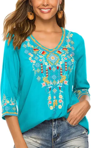 LauraKlein Women's Boho Embroidered Peasant Tops 3/4 Sleeve V Neck Mexican Bohemian Shirts Tunics Blouses