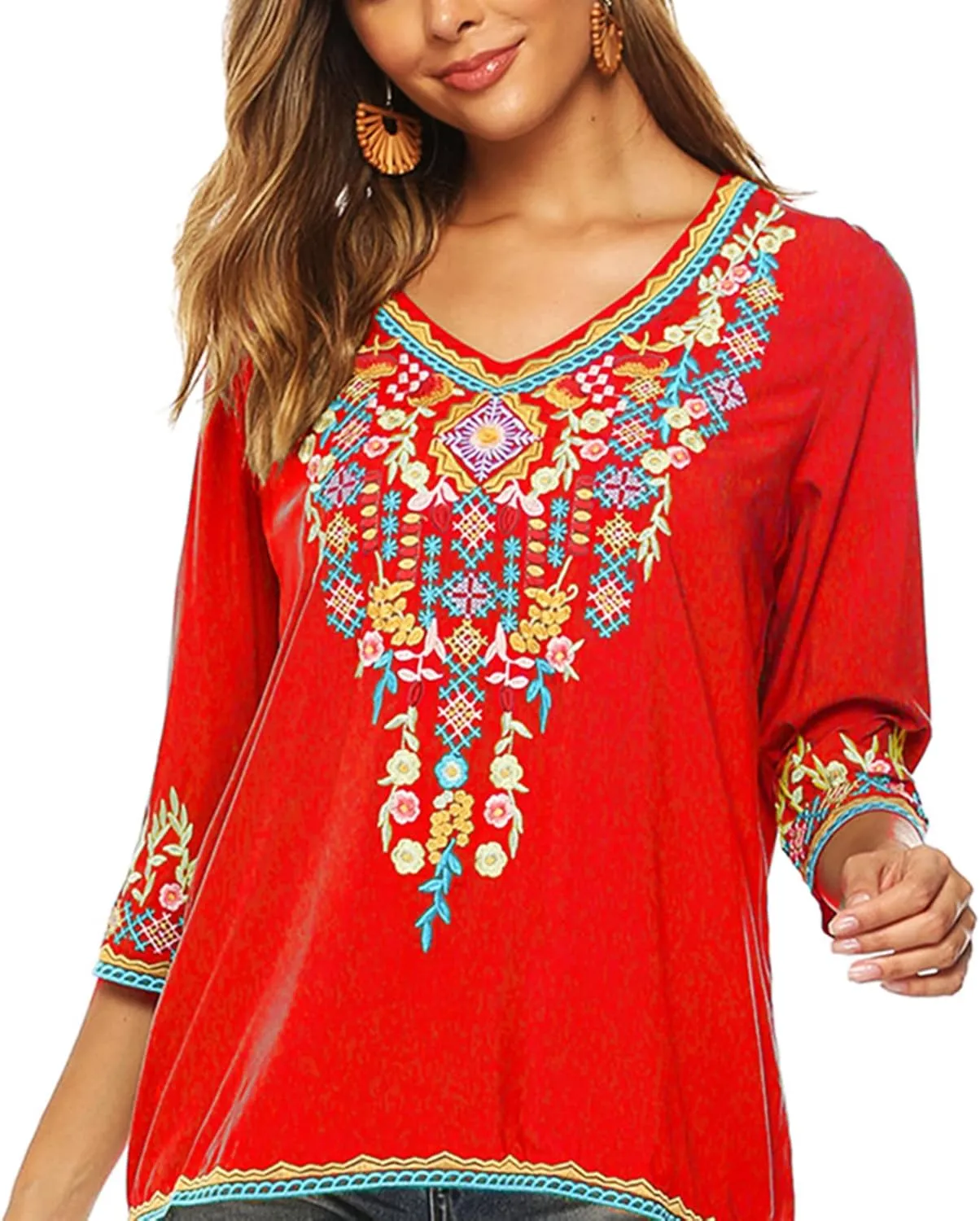 LauraKlein Women's Boho Embroidered Peasant Tops 3/4 Sleeve V Neck Mexican Bohemian Shirts Tunics Blouses