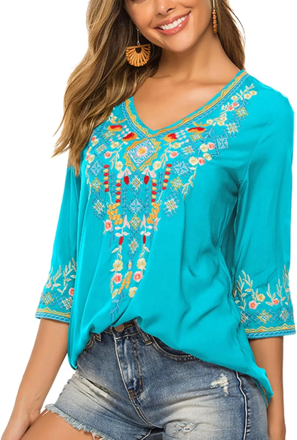 LauraKlein Women's Boho Embroidered Peasant Tops 3/4 Sleeve V Neck Mexican Bohemian Shirts Tunics Blouses