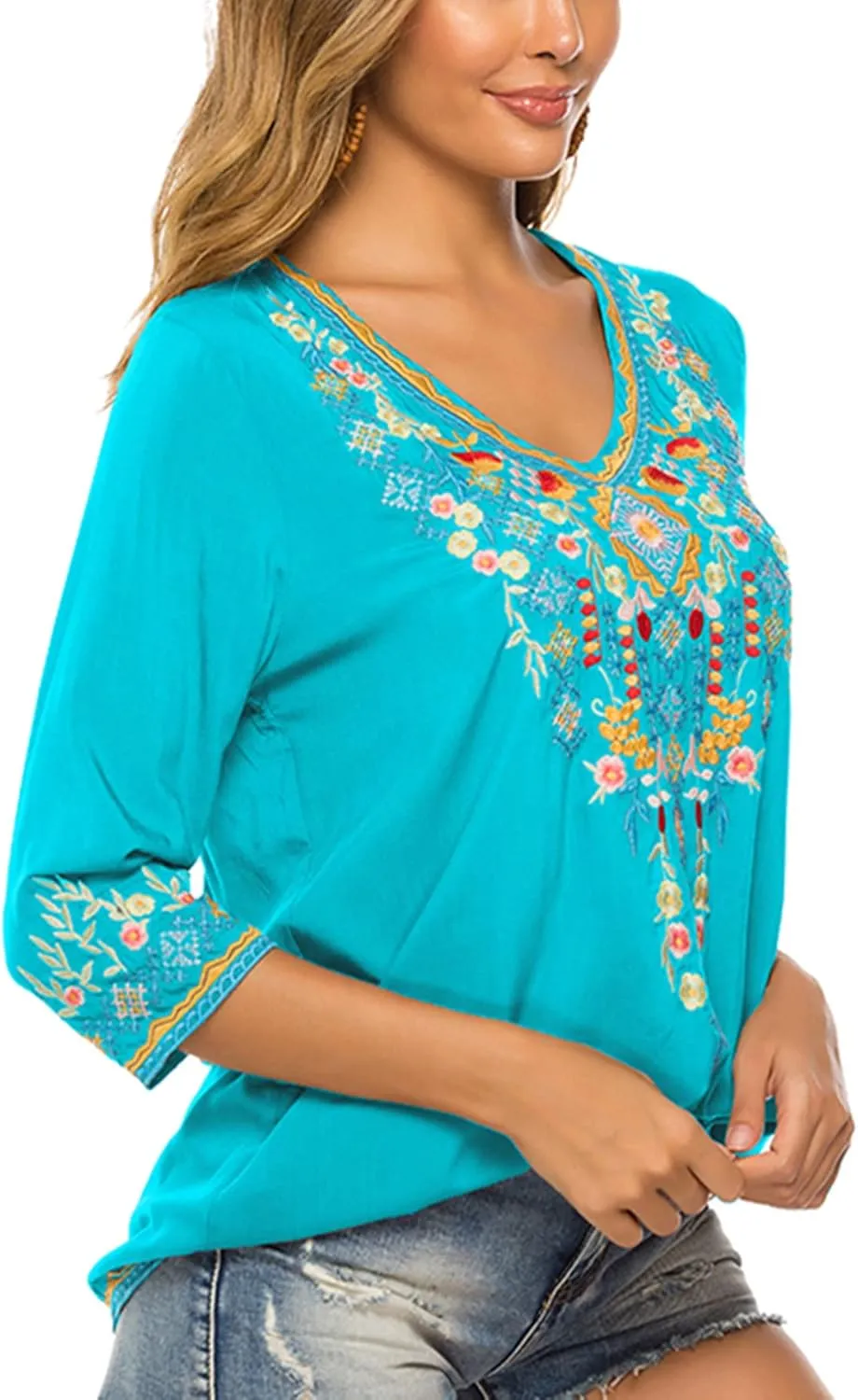 LauraKlein Women's Boho Embroidered Peasant Tops 3/4 Sleeve V Neck Mexican Bohemian Shirts Tunics Blouses