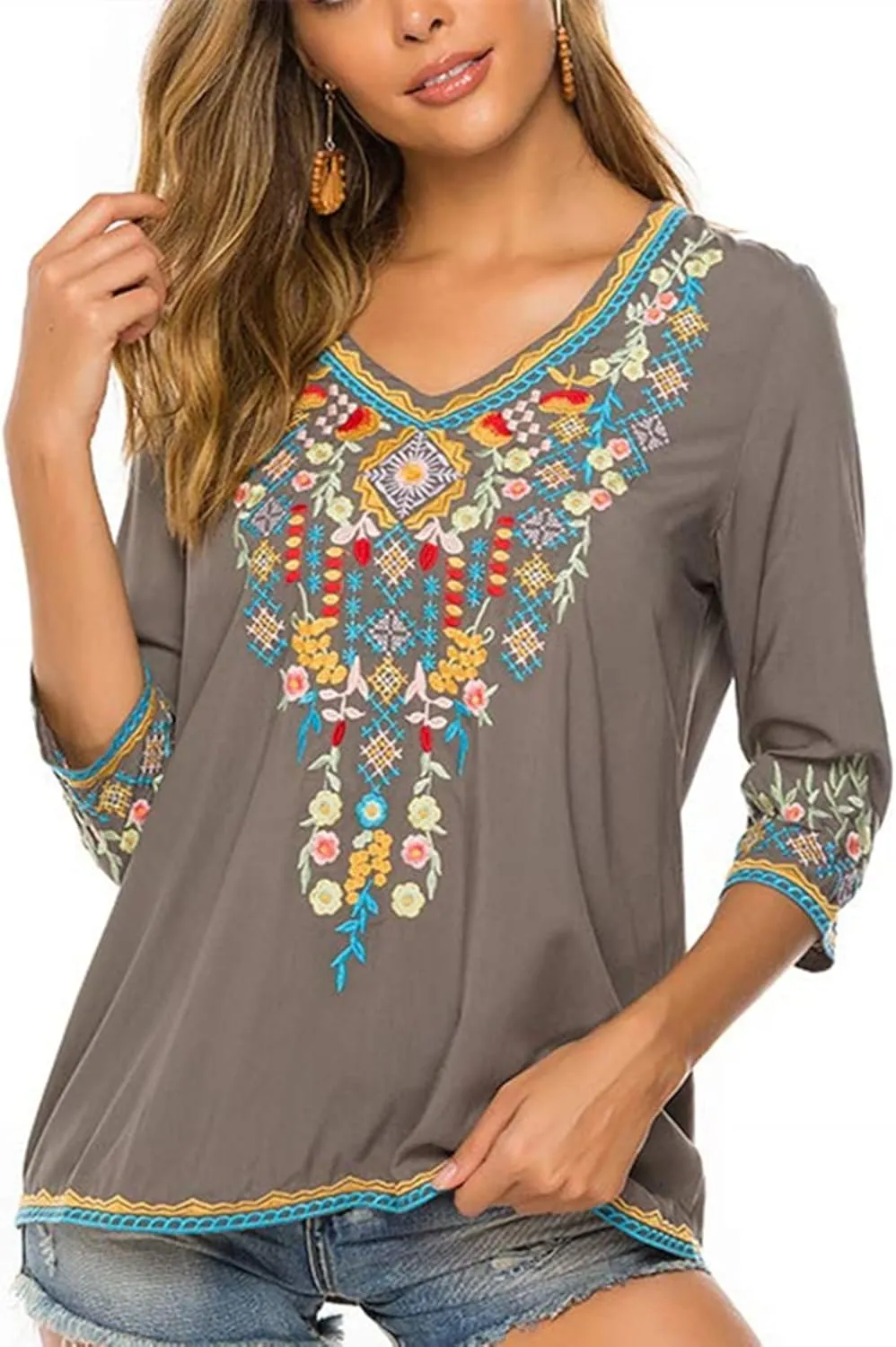 LauraKlein Women's Boho Embroidered Peasant Tops 3/4 Sleeve V Neck Mexican Bohemian Shirts Tunics Blouses