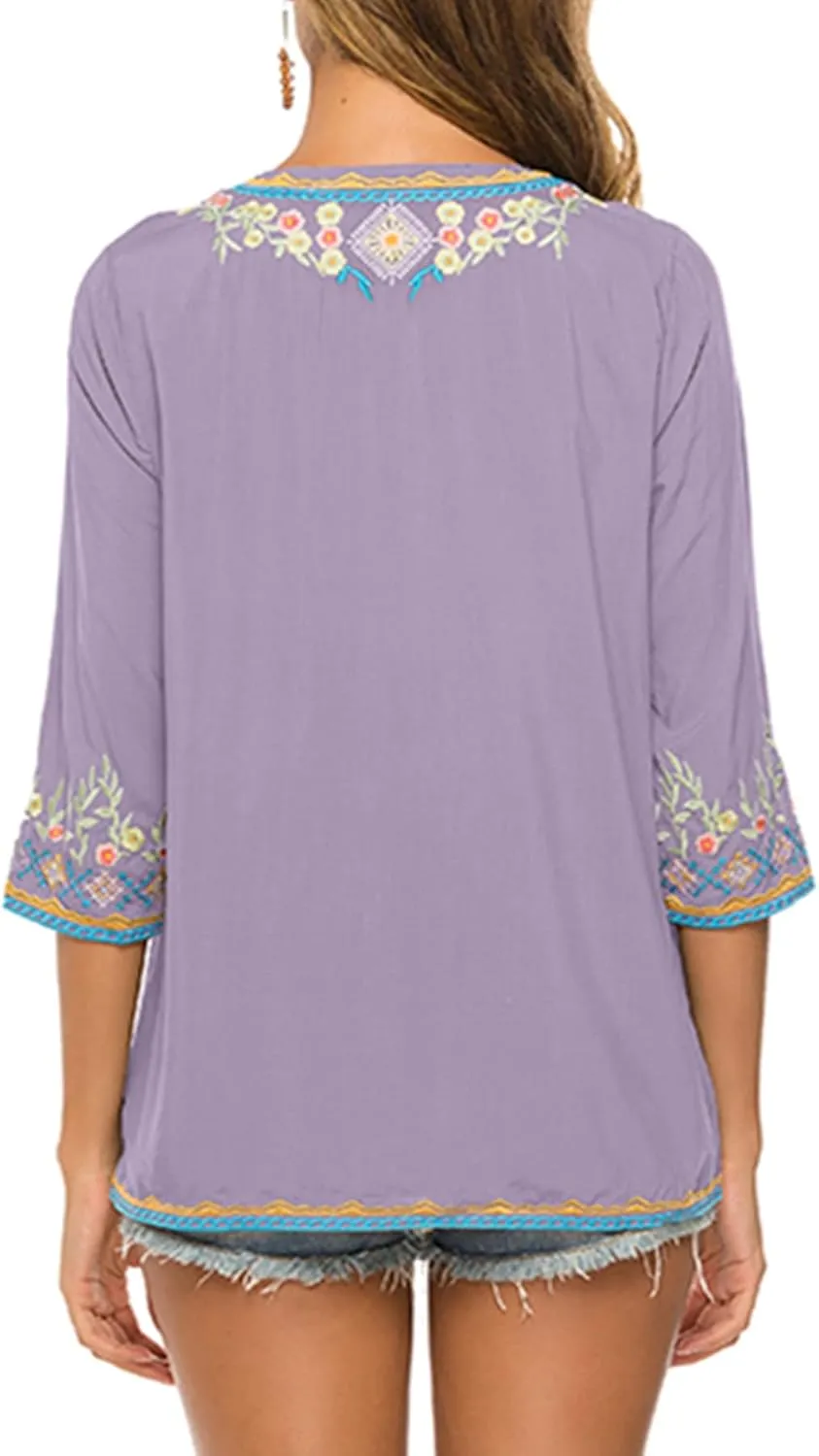 LauraKlein Women's Boho Embroidered Peasant Tops 3/4 Sleeve V Neck Mexican Bohemian Shirts Tunics Blouses