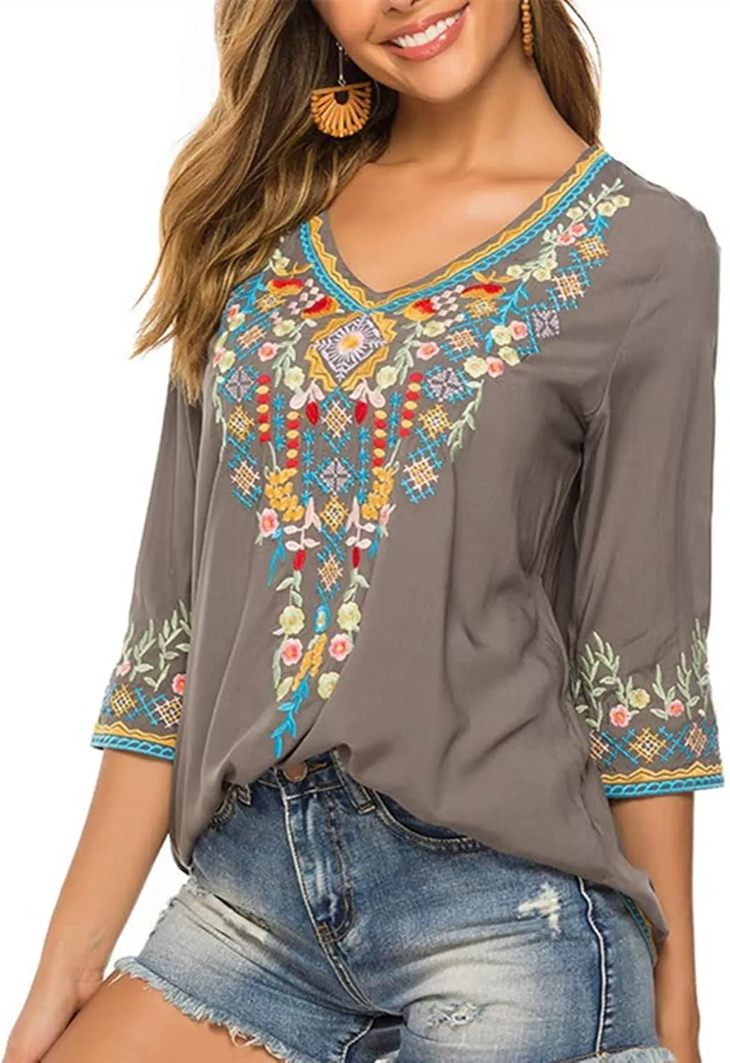 LauraKlein Women's Boho Embroidered Peasant Tops 3/4 Sleeve V Neck Mexican Bohemian Shirts Tunics Blouses