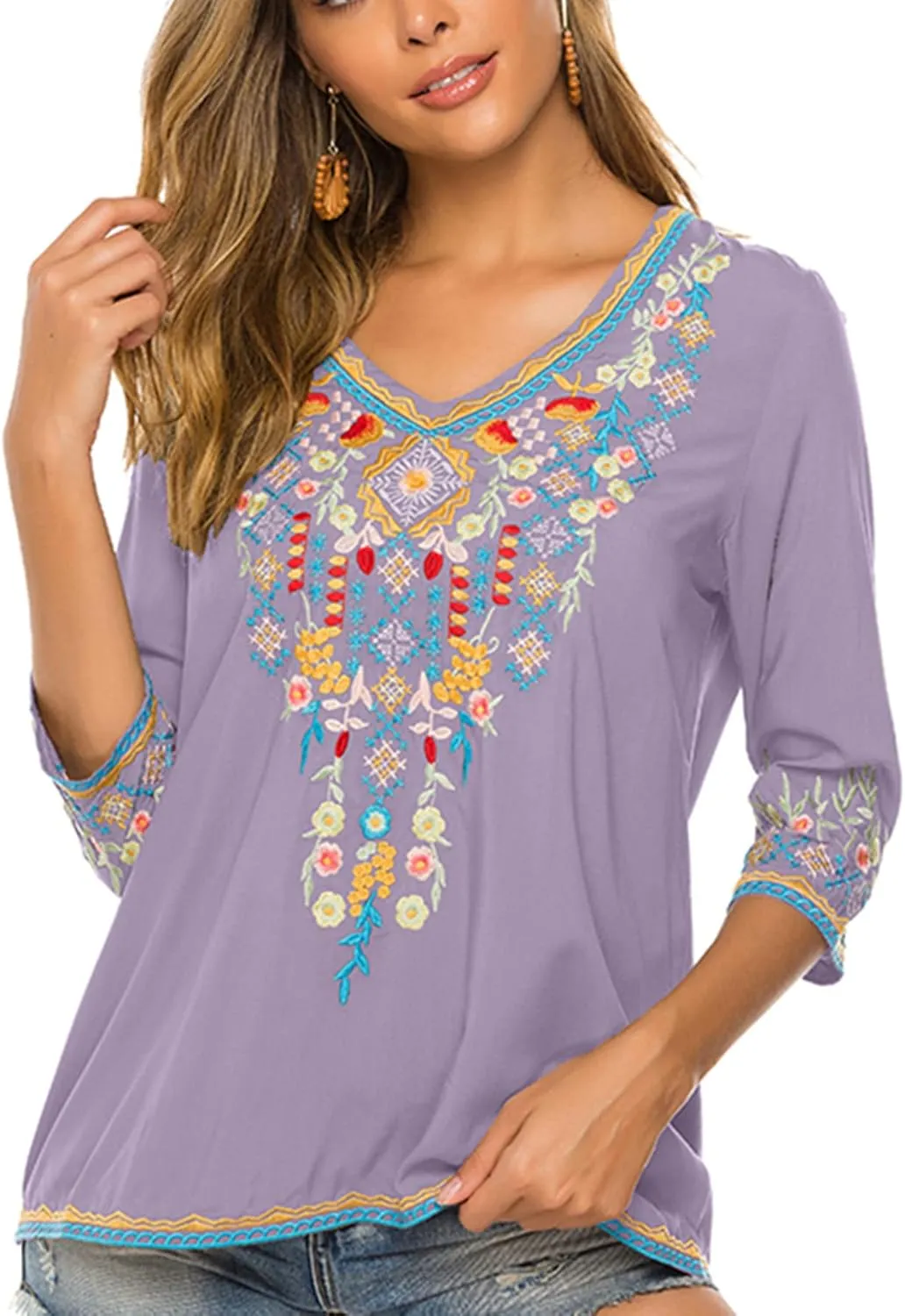LauraKlein Women's Boho Embroidered Peasant Tops 3/4 Sleeve V Neck Mexican Bohemian Shirts Tunics Blouses