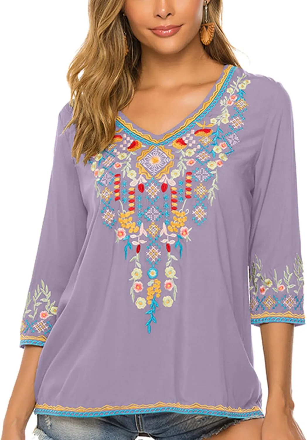 LauraKlein Women's Boho Embroidered Peasant Tops 3/4 Sleeve V Neck Mexican Bohemian Shirts Tunics Blouses