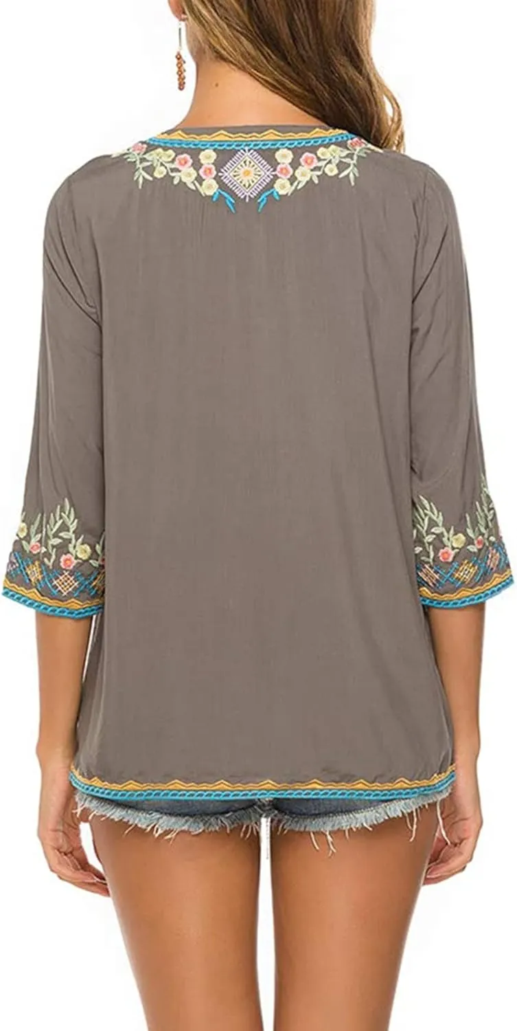 LauraKlein Women's Boho Embroidered Peasant Tops 3/4 Sleeve V Neck Mexican Bohemian Shirts Tunics Blouses