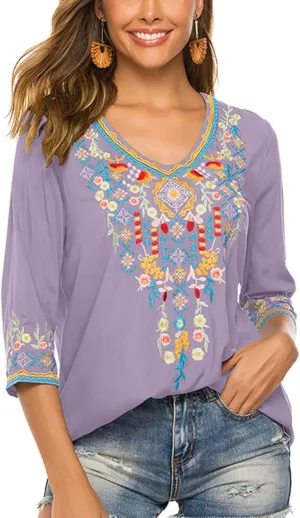 LauraKlein Women's Boho Embroidered Peasant Tops 3/4 Sleeve V Neck Mexican Bohemian Shirts Tunics Blouses