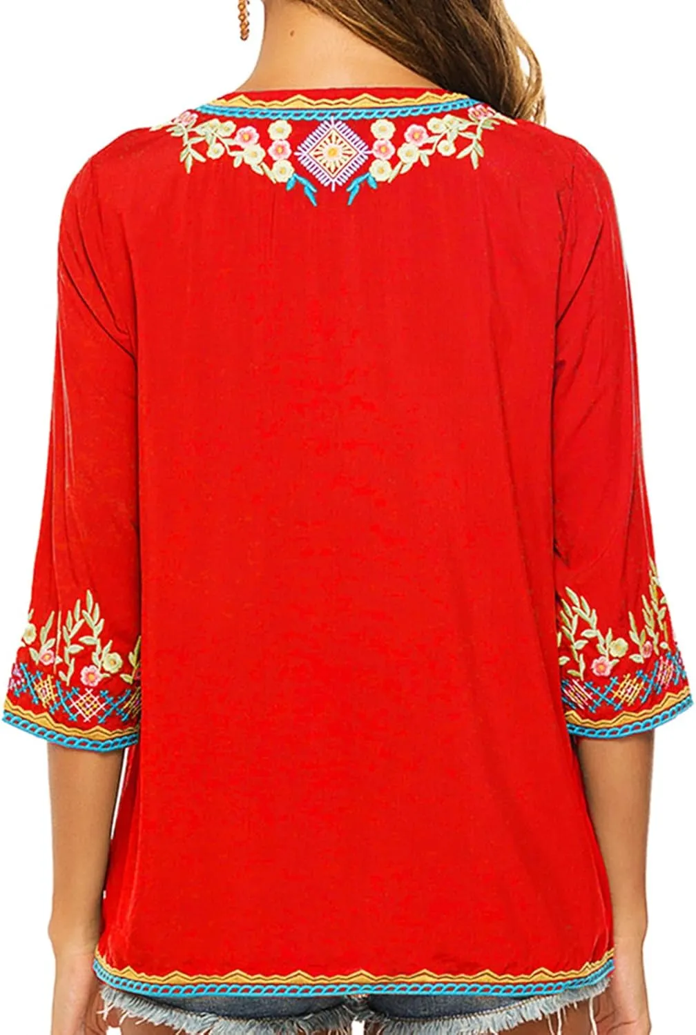 LauraKlein Women's Boho Embroidered Peasant Tops 3/4 Sleeve V Neck Mexican Bohemian Shirts Tunics Blouses