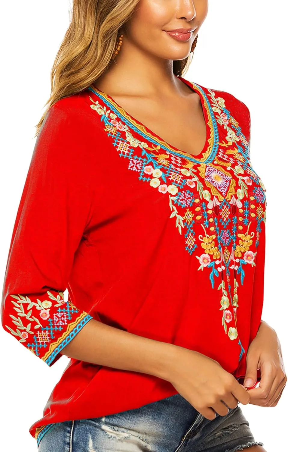 LauraKlein Women's Boho Embroidered Peasant Tops 3/4 Sleeve V Neck Mexican Bohemian Shirts Tunics Blouses