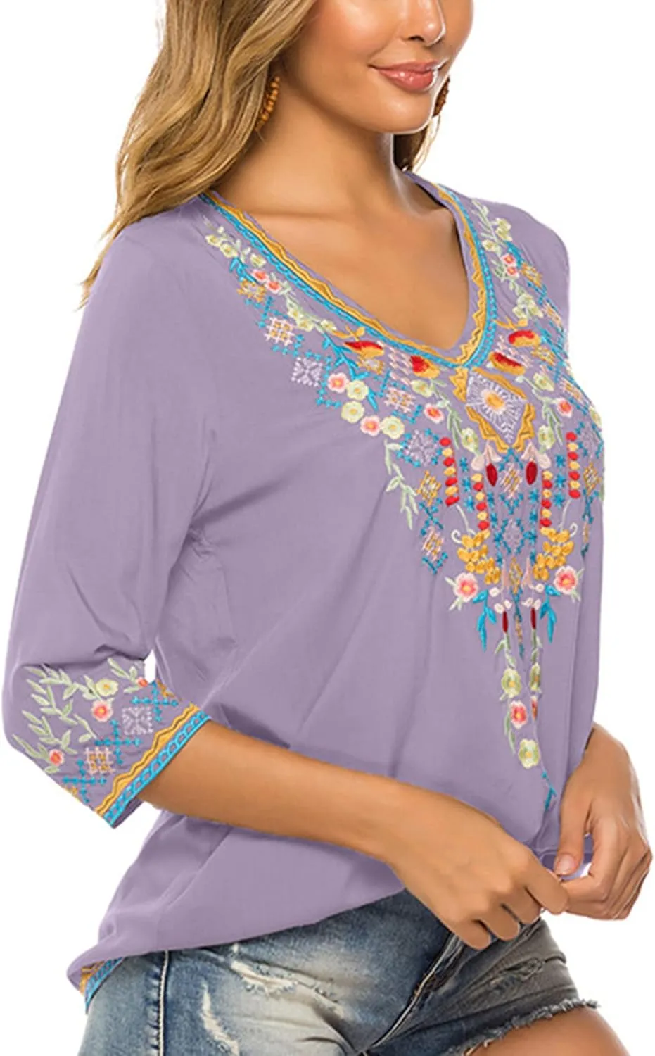 LauraKlein Women's Boho Embroidered Peasant Tops 3/4 Sleeve V Neck Mexican Bohemian Shirts Tunics Blouses
