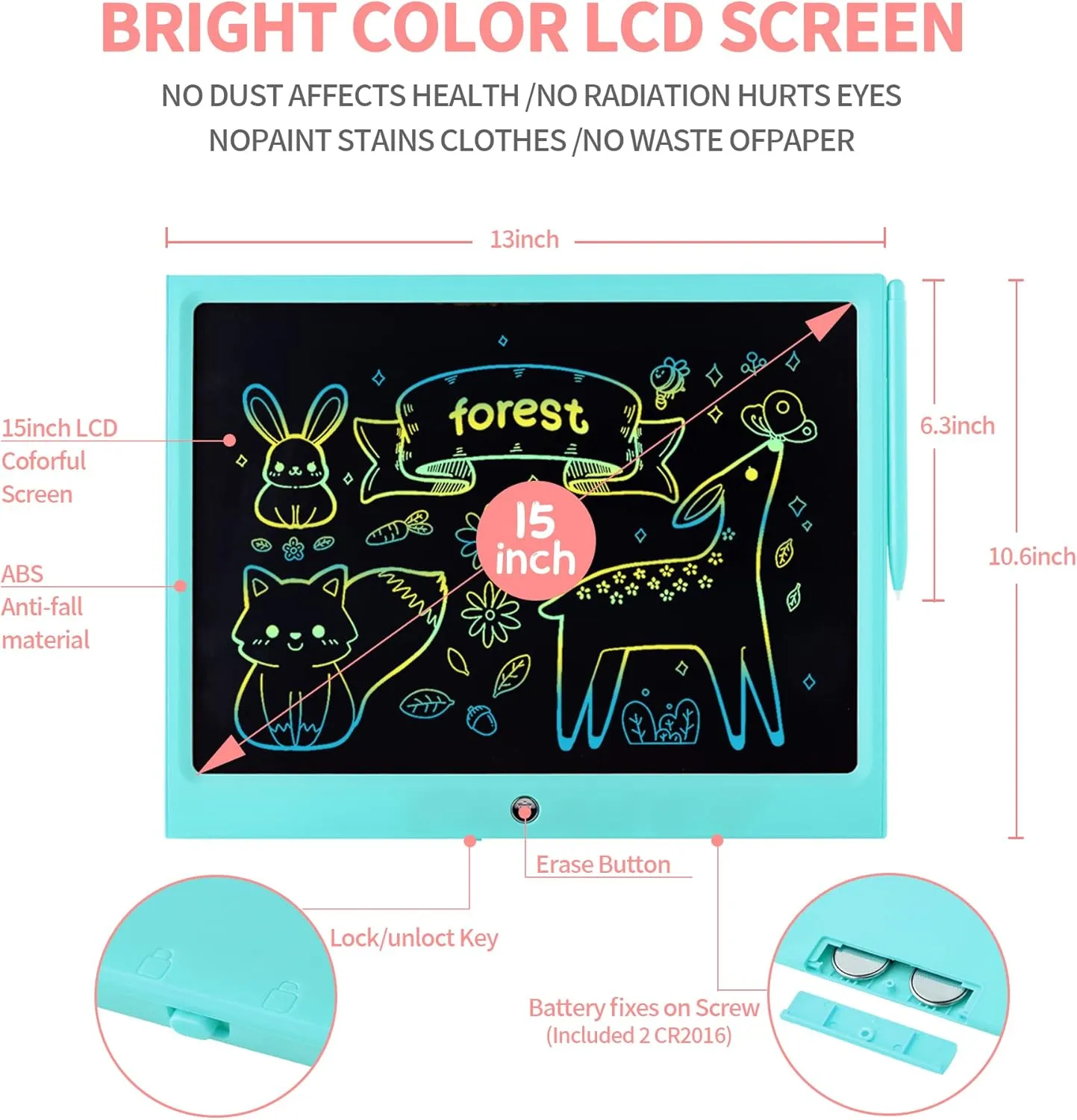 LCD Writing Tablet for Kids, 15 Inch Colorful Electronic Doodle Board for Kids Age 3  Toys Christmas Birthday Erasable Drawing Tablet Toddler Learning Toys