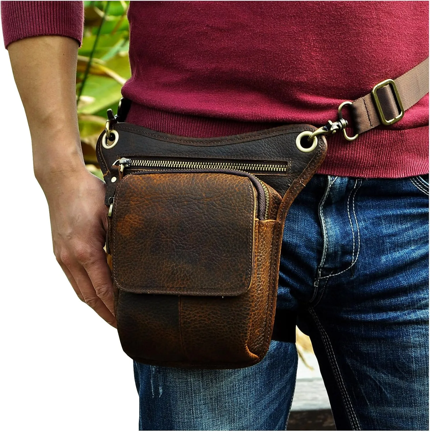 Le'aokuu Mens Genuine Leather Motorcycle Waist Pack Messenger Shoulder Drop Leg Bag