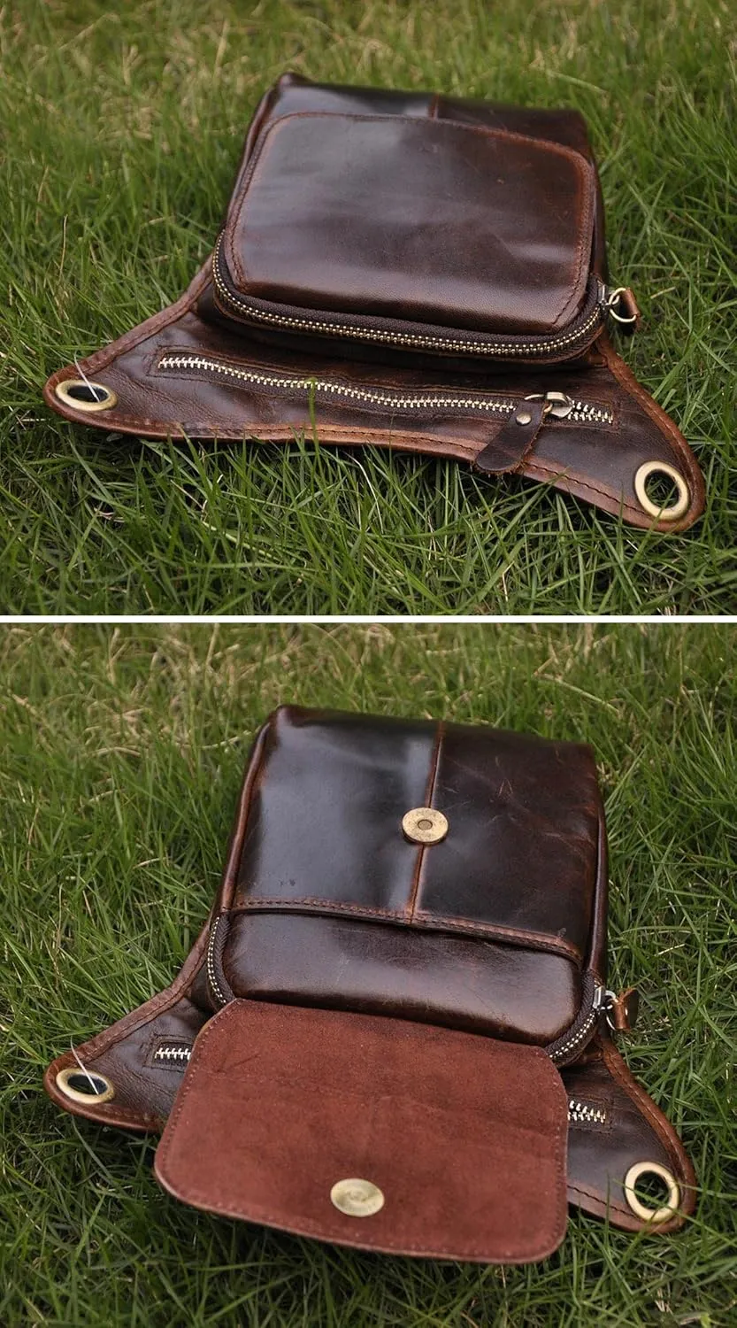 Le'aokuu Mens Genuine Leather Motorcycle Waist Pack Messenger Shoulder Drop Leg Bag