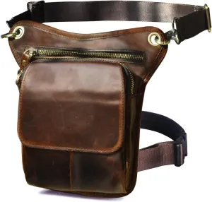 Le'aokuu Mens Genuine Leather Motorcycle Waist Pack Messenger Shoulder Drop Leg Bag