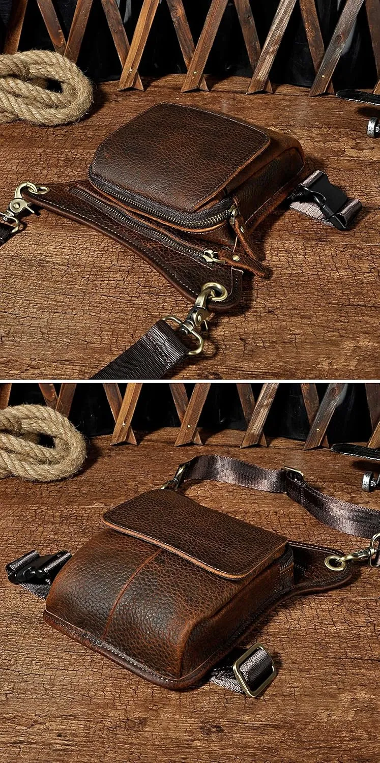 Le'aokuu Mens Genuine Leather Motorcycle Waist Pack Messenger Shoulder Drop Leg Bag