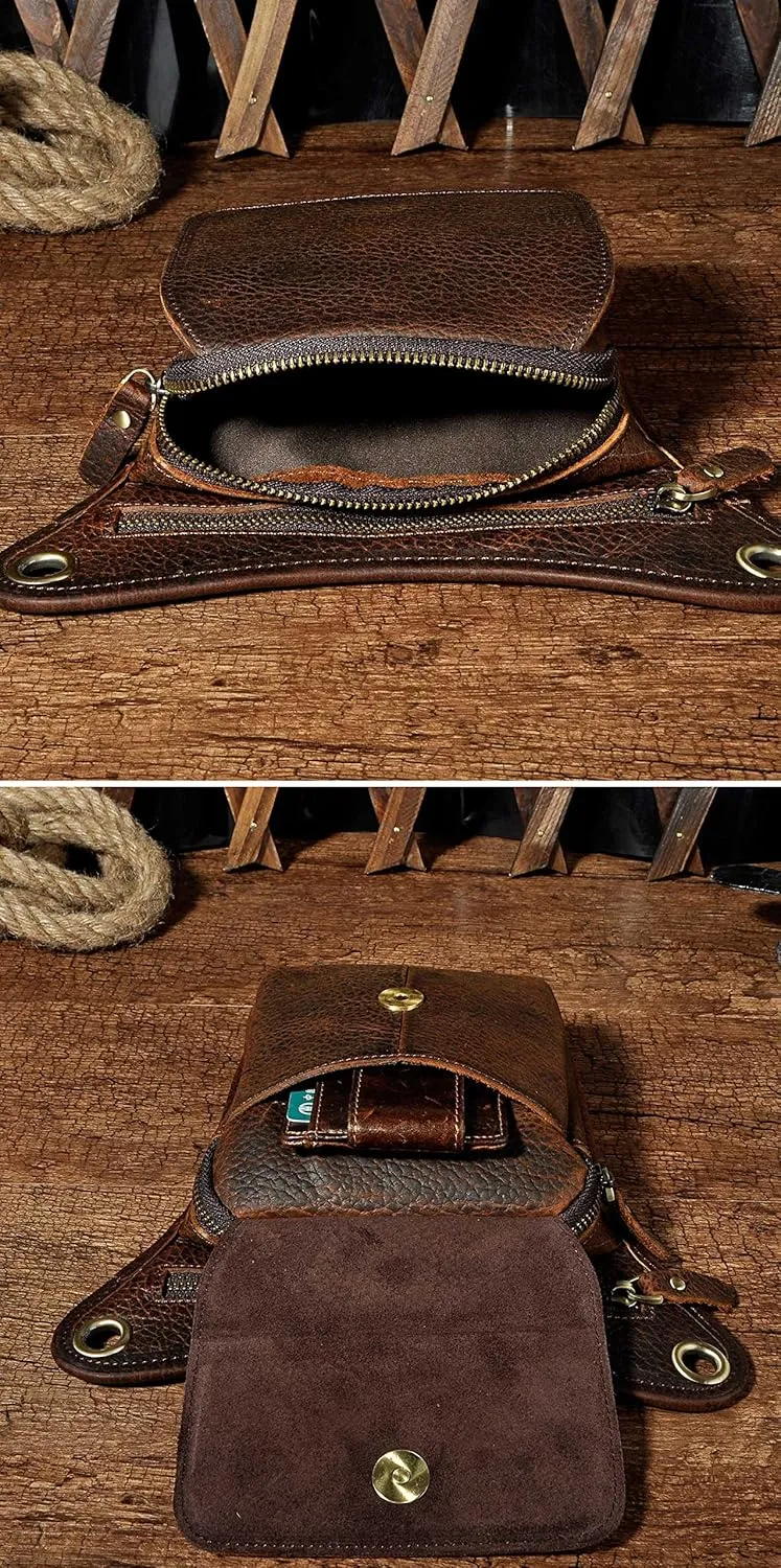 Le'aokuu Mens Genuine Leather Motorcycle Waist Pack Messenger Shoulder Drop Leg Bag
