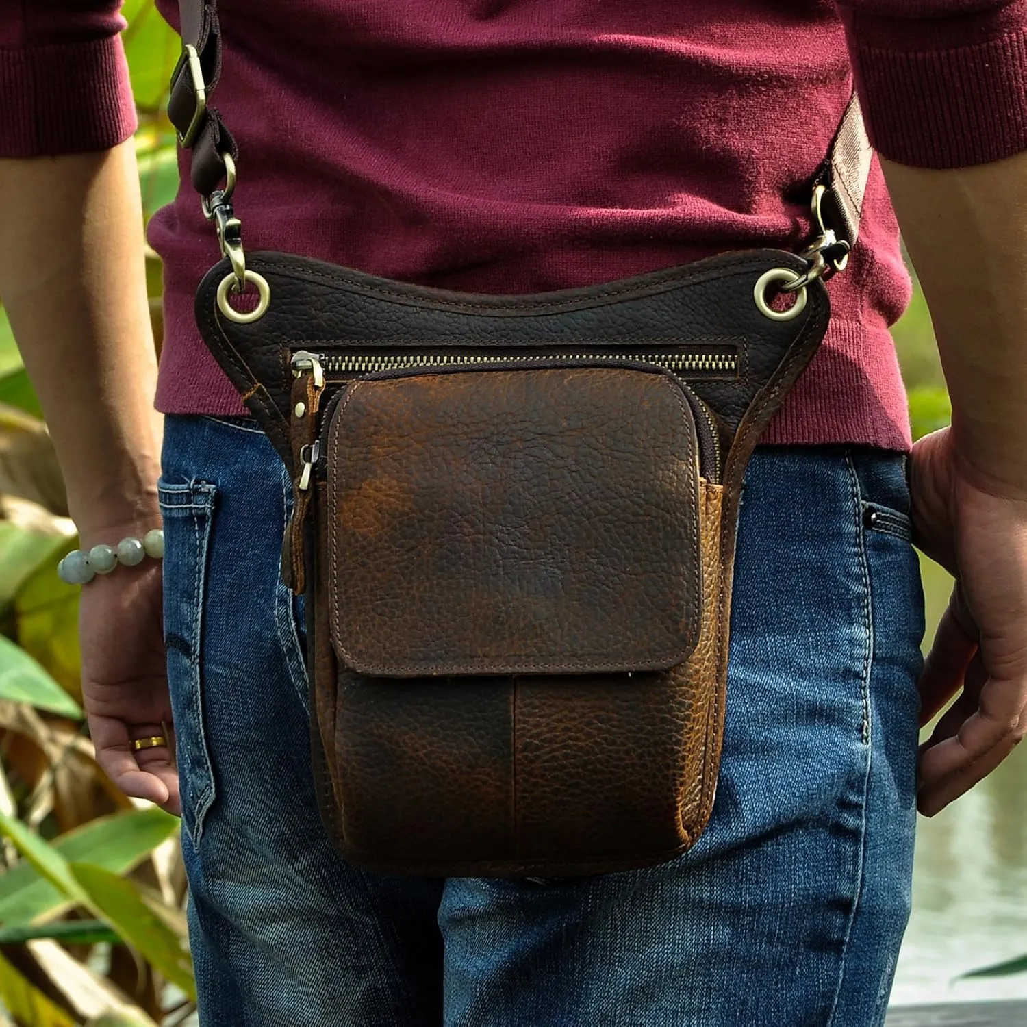 Le'aokuu Mens Genuine Leather Motorcycle Waist Pack Messenger Shoulder Drop Leg Bag