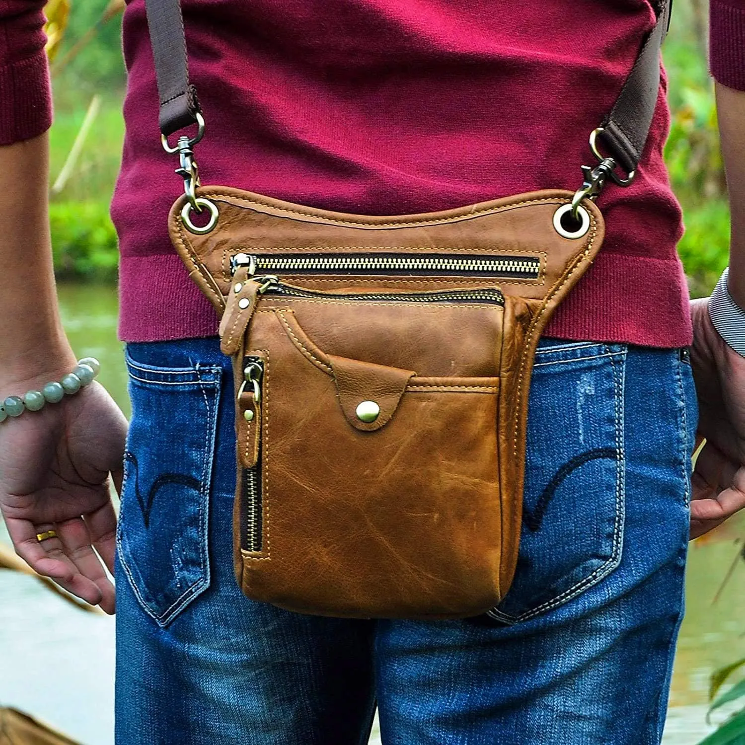 Le'aokuu Mens Genuine Leather Outdoor Sporting Hicking Waist Hip Pack Messenger Shoulder Drop Leg Thigh Bag Pouches For Women 211-5 Brown 3