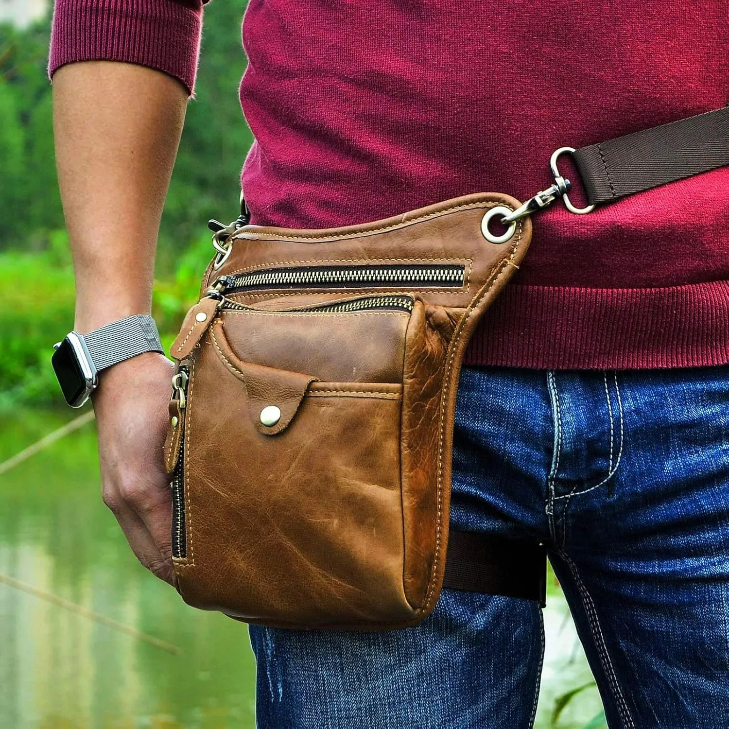 Le'aokuu Mens Genuine Leather Outdoor Sporting Hicking Waist Hip Pack Messenger Shoulder Drop Leg Thigh Bag Pouches For Women 211-5 Brown 3