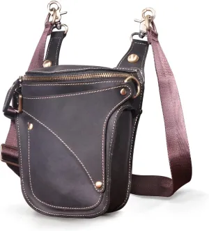 Le'aokuu Mens Genuine Leather Outdoor Sporting Hicking Waist Hip Pack Messenger Shoulder Drop Leg Thigh Bag Pouches For Women B9326 Black