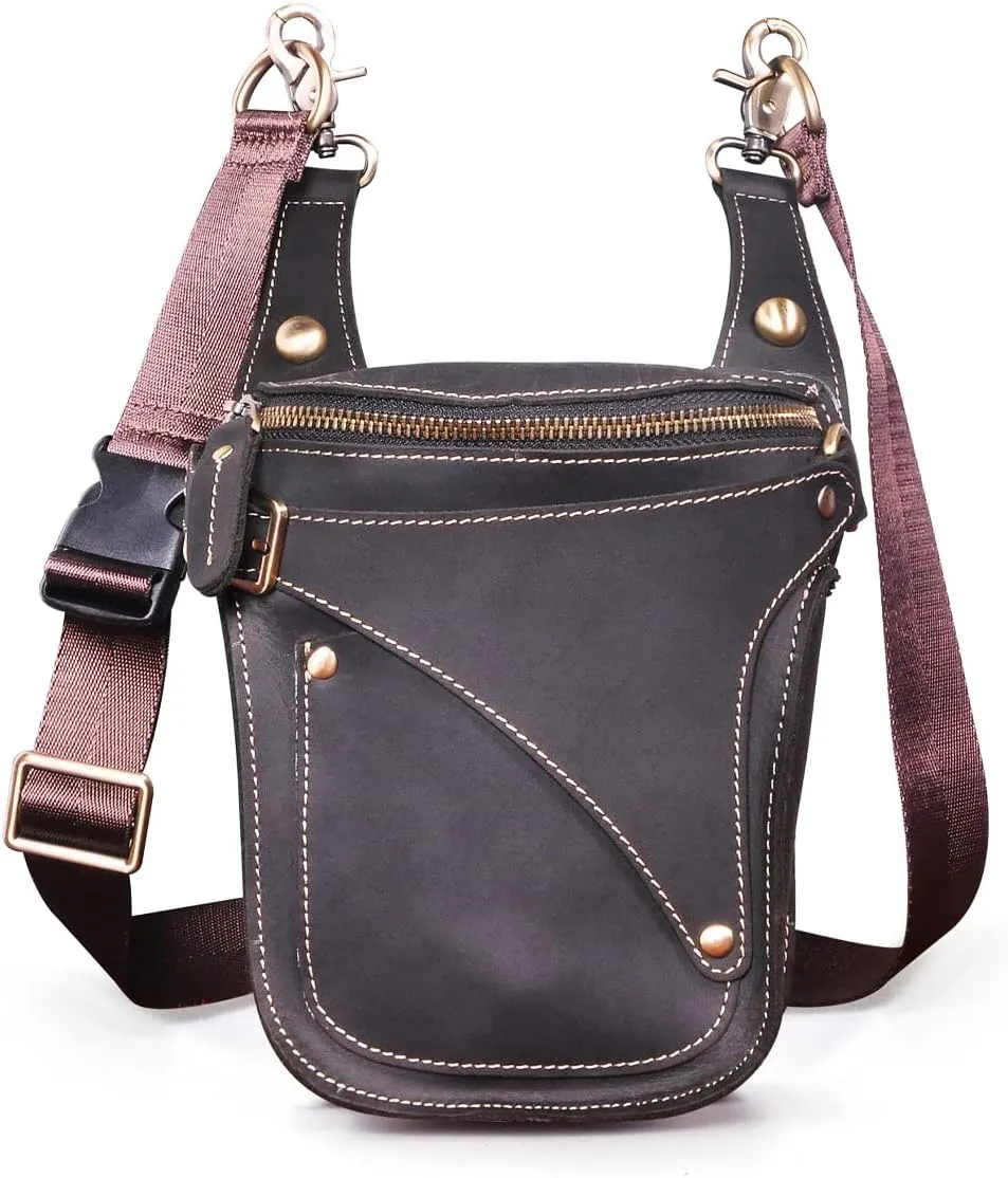 Le'aokuu Mens Genuine Leather Outdoor Sporting Hicking Waist Hip Pack Messenger Shoulder Drop Leg Thigh Bag Pouches For Women B9326 Black