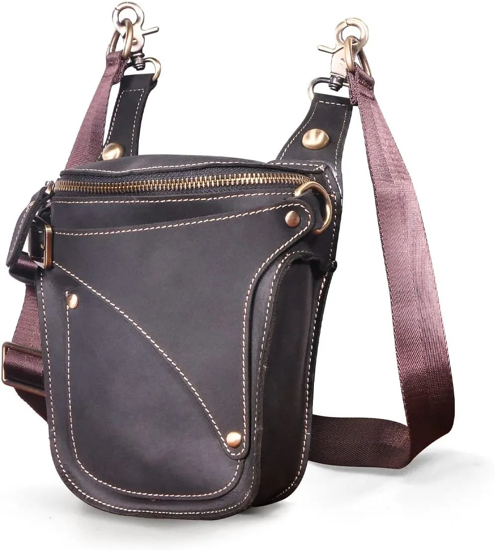 Le'aokuu Mens Genuine Leather Outdoor Sporting Hicking Waist Hip Pack Messenger Shoulder Drop Leg Thigh Bag Pouches For Women B9326 Black