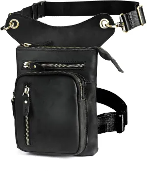 Le'aokuu Mens Genuine Leather Outdoor Sporting Hicking Waist Hip Pack Messenger Shoulder Drop Leg Thigh Bag Pouches For Women G1011 (G1011 Black 2)