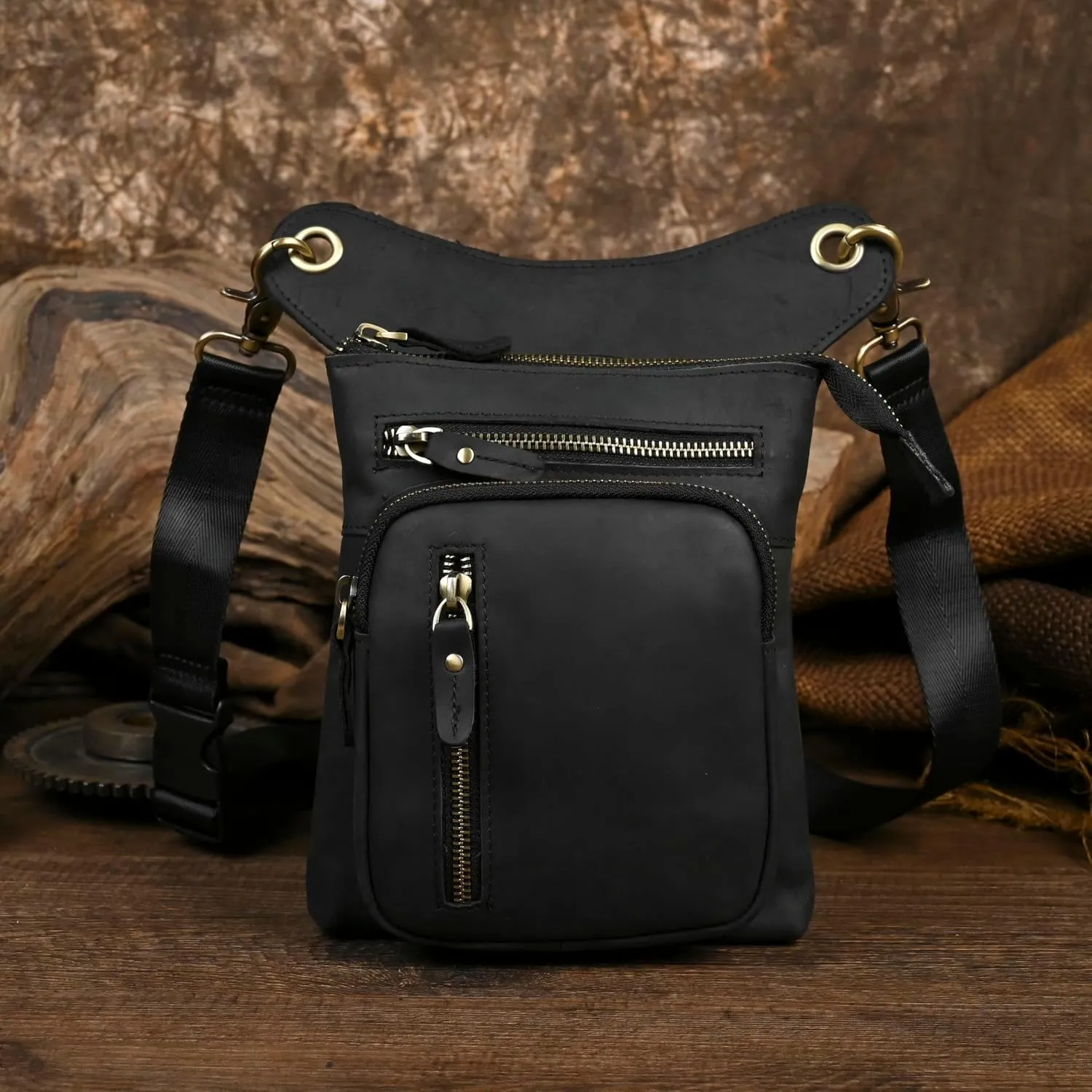 Le'aokuu Mens Genuine Leather Outdoor Sporting Hicking Waist Hip Pack Messenger Shoulder Drop Leg Thigh Bag Pouches For Women G1011 (G1011 Black 2)