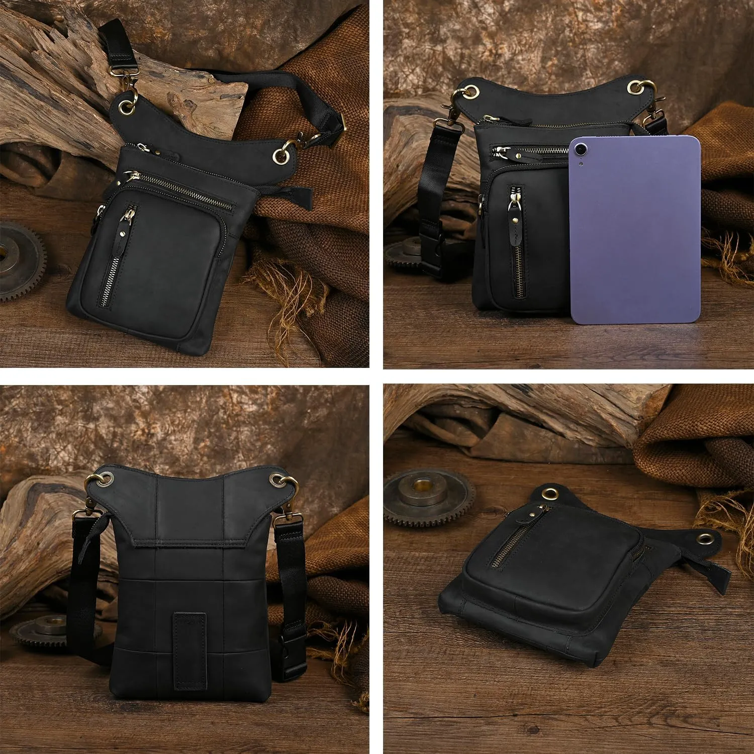 Le'aokuu Mens Genuine Leather Outdoor Sporting Hicking Waist Hip Pack Messenger Shoulder Drop Leg Thigh Bag Pouches For Women G1011 (G1011 Black 2)