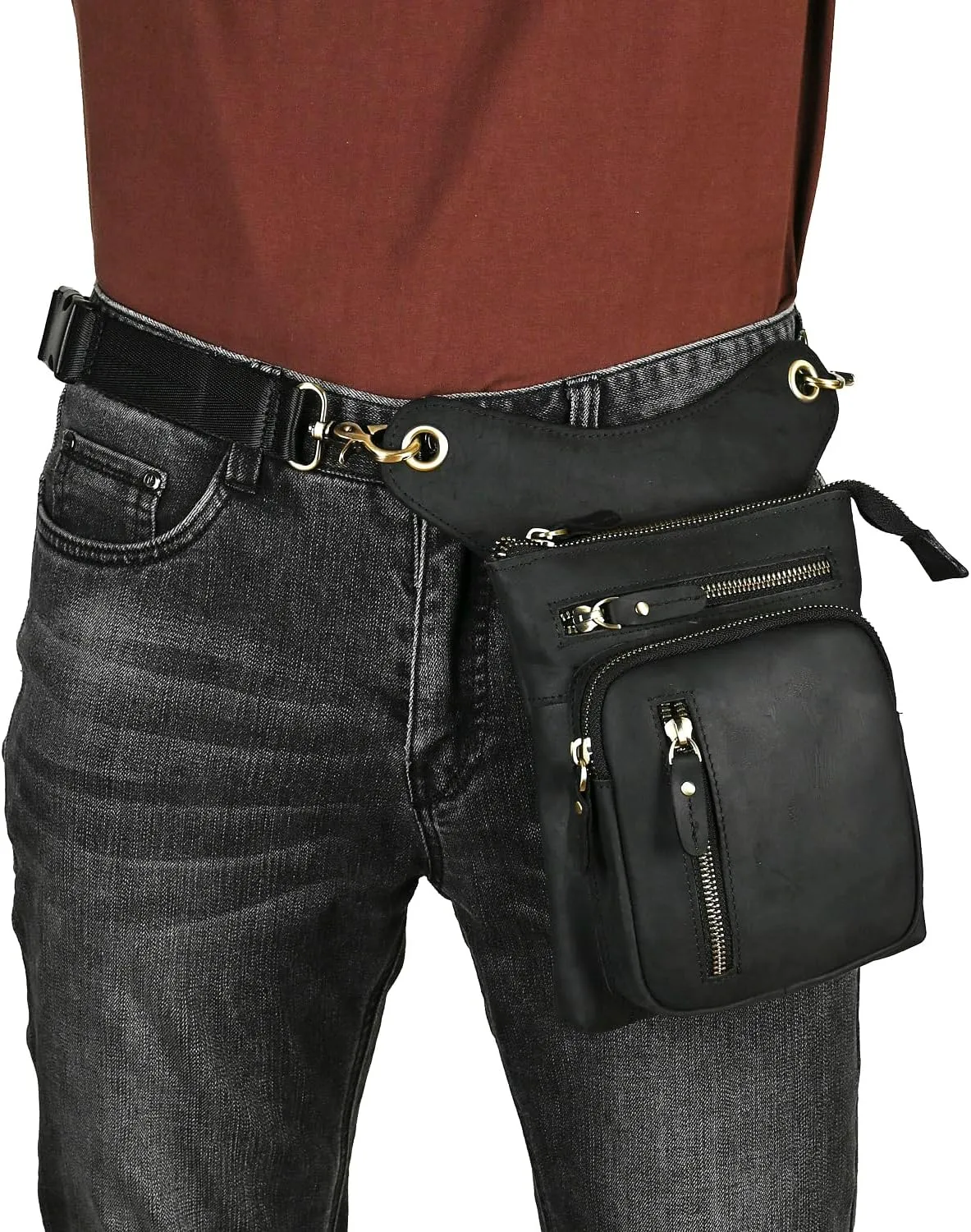 Le'aokuu Mens Genuine Leather Outdoor Sporting Hicking Waist Hip Pack Messenger Shoulder Drop Leg Thigh Bag Pouches For Women G1011 (G1011 Black 2)