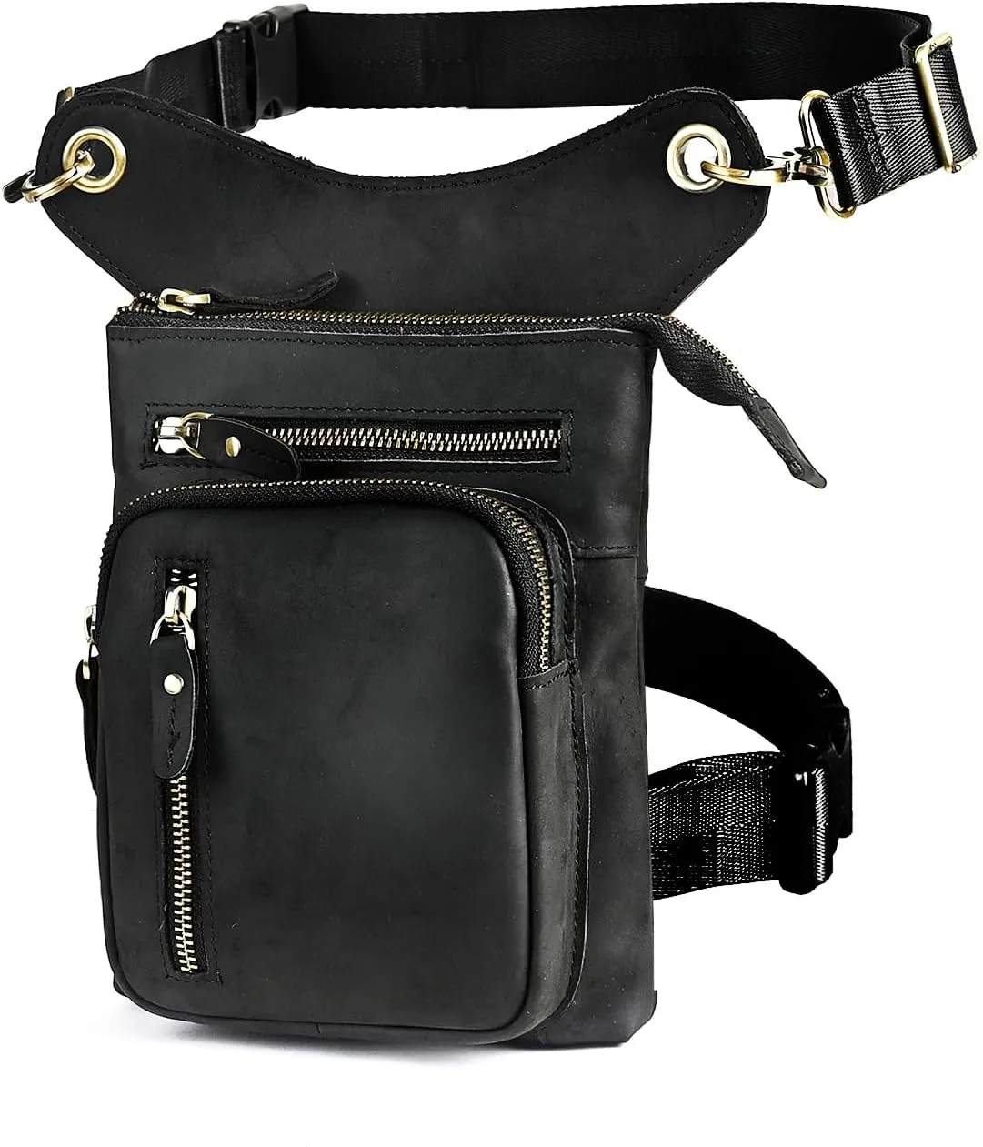 Le'aokuu Mens Genuine Leather Outdoor Sporting Hicking Waist Hip Pack Messenger Shoulder Drop Leg Thigh Bag Pouches For Women G1011 (G1011 Black 2)