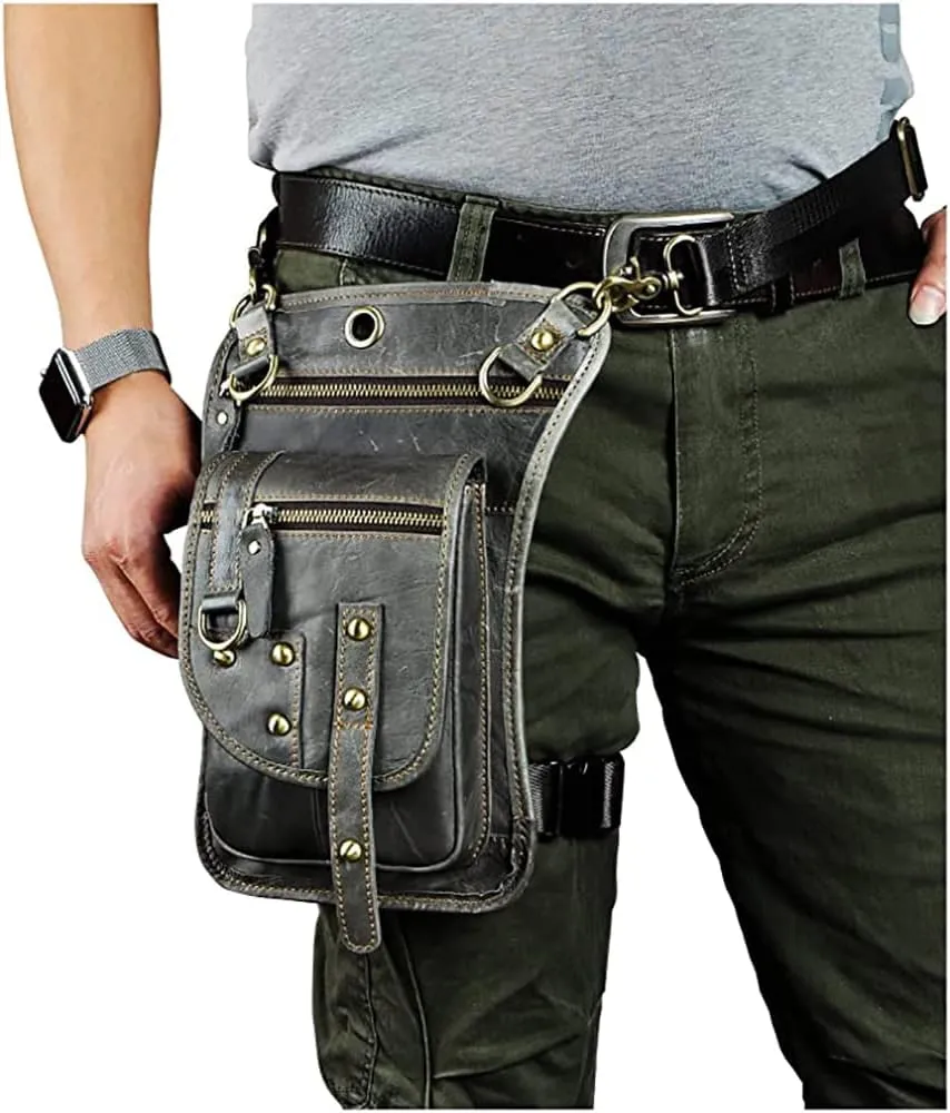 Le'aokuu Mens Genuine Leather Outdoor Sporting Hicking Waist Hip Pack Sling Messenger Shoulder Drop Leg Thigh Bag Pouches For Women (2141 2 Grey)