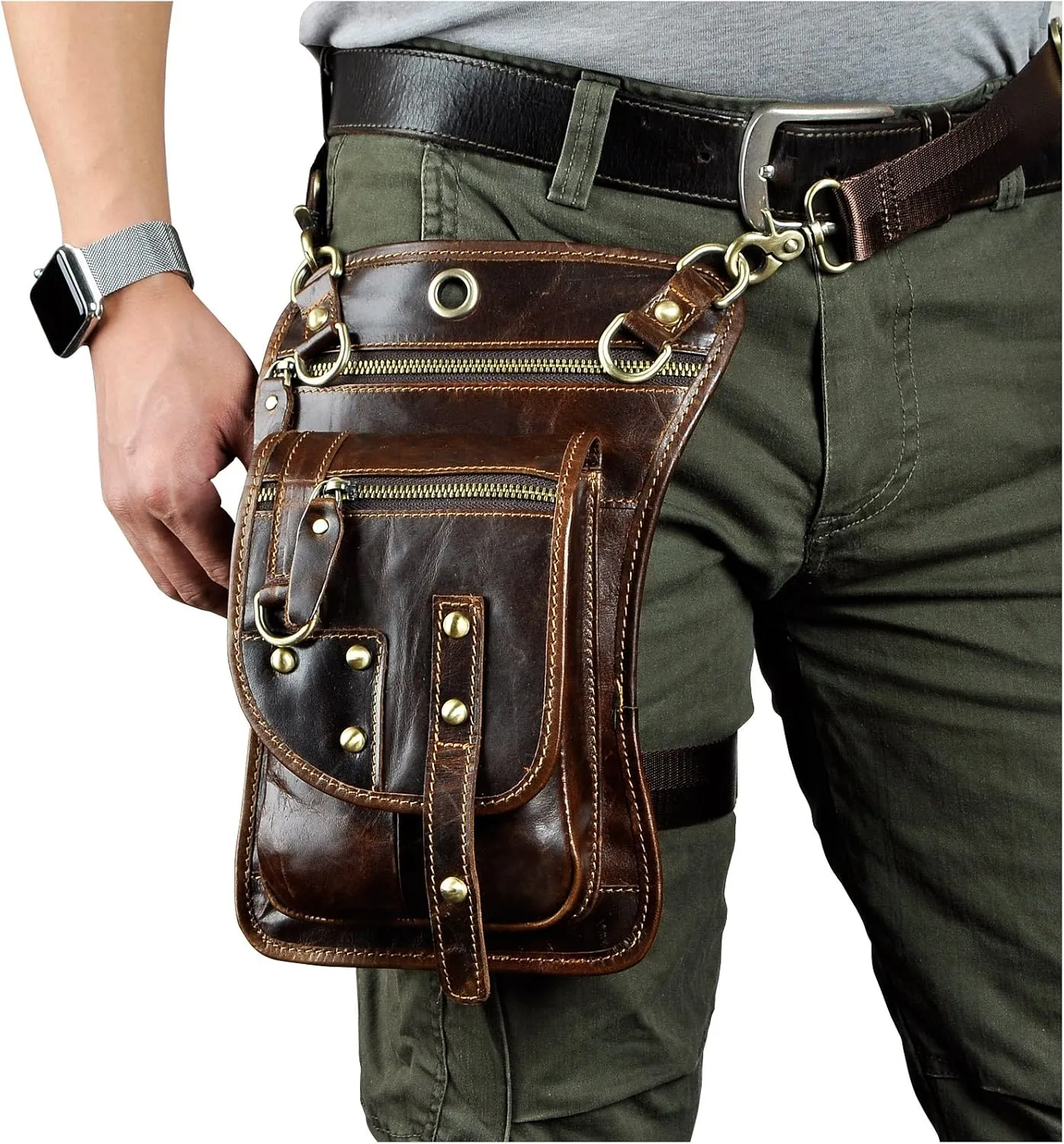 Le'aokuu Mens Genuine Leather Outdoor Sporting Hicking Waist Hip Pack Sling Messenger Shoulder Drop Leg Thigh Bag Pouches For Women (2141 3 Coffee)