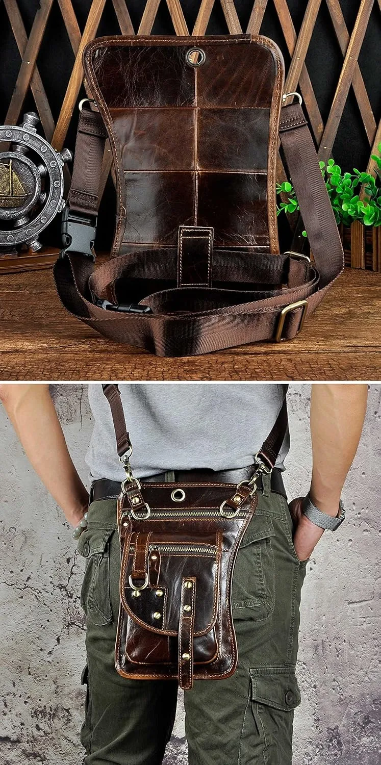 Le'aokuu Mens Genuine Leather Outdoor Sporting Hicking Waist Hip Pack Sling Messenger Shoulder Drop Leg Thigh Bag Pouches For Women (2141 3 Coffee)