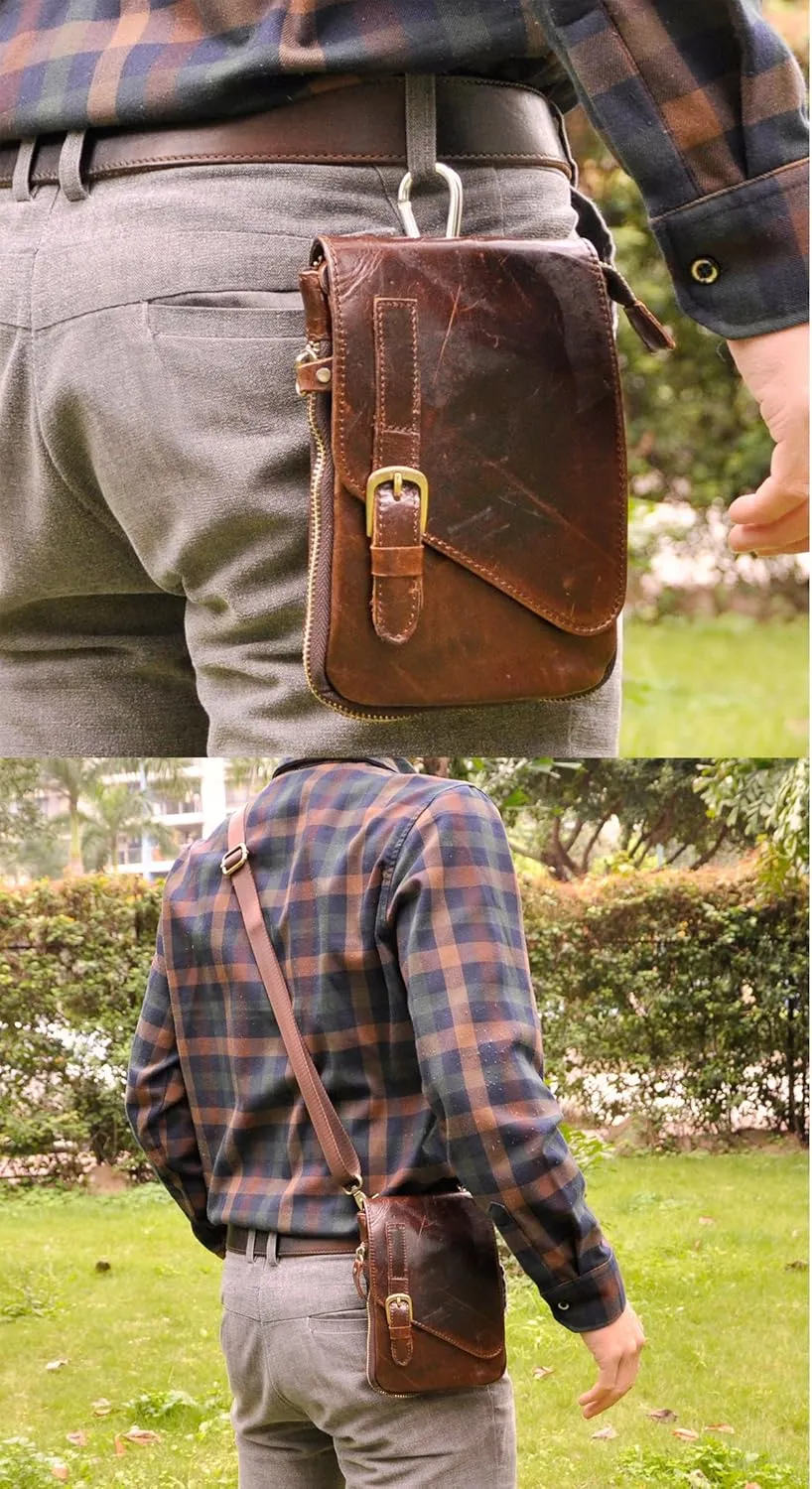 Le'aokuu Mens Genuine Leather Small Messenger Shoulder Satchel Phone Pouch Belt Fanny Waist Bag Pack