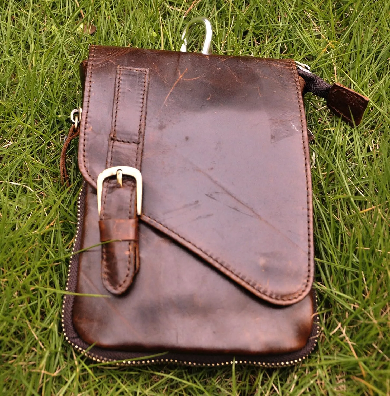 Le'aokuu Mens Genuine Leather Small Messenger Shoulder Satchel Phone Pouch Belt Fanny Waist Bag Pack