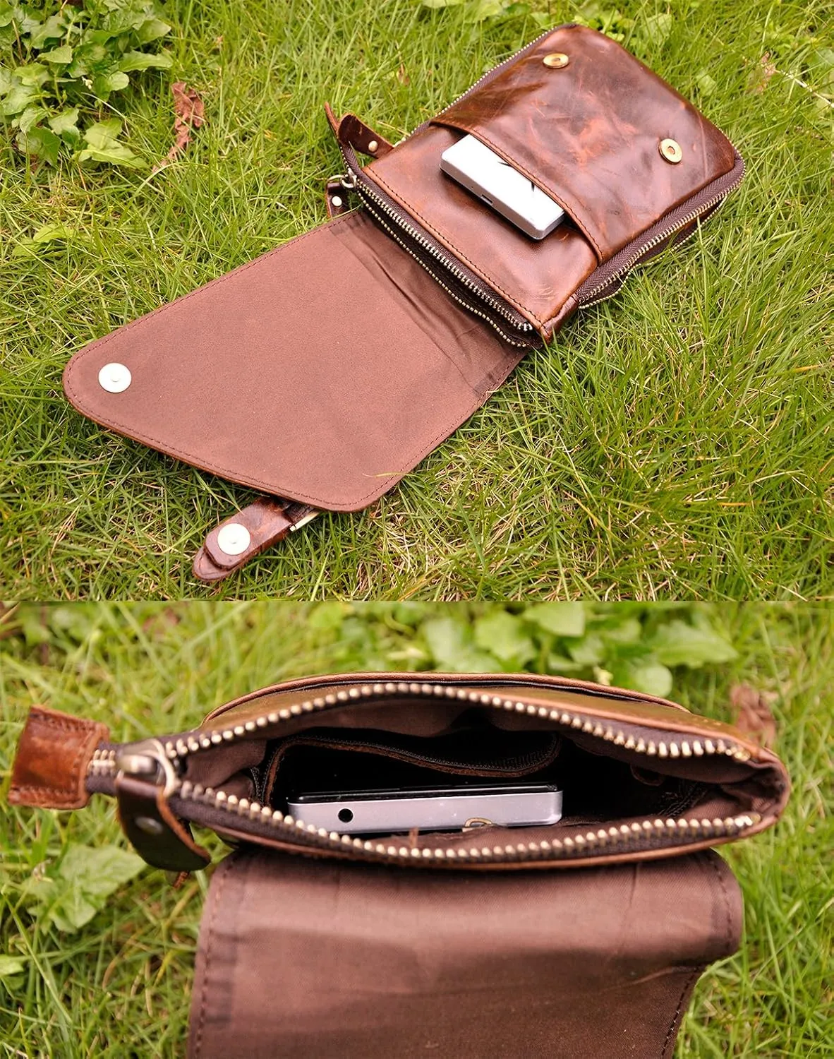 Le'aokuu Mens Genuine Leather Small Messenger Shoulder Satchel Phone Pouch Belt Fanny Waist Bag Pack