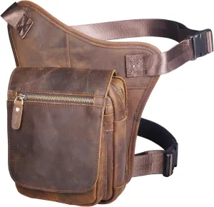 Le'aokuu Mens Leather Messenger Shoulder Bag Motorcycle Tactic Fanny Belt Waist Bag Pack Pouch Drop Leg Bag