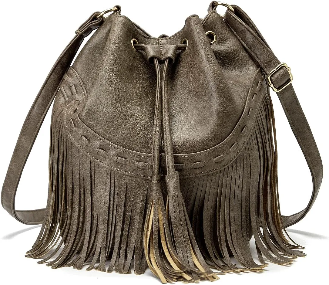 Leather Bucket Bags for Women Crossbody Fringe Purses with Drawstring Ladies Tassel Hobo and Shoulder Handbags