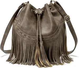 Leather Bucket Bags for Women Crossbody Fringe Purses with Drawstring Ladies Tassel Hobo and Shoulder Handbags