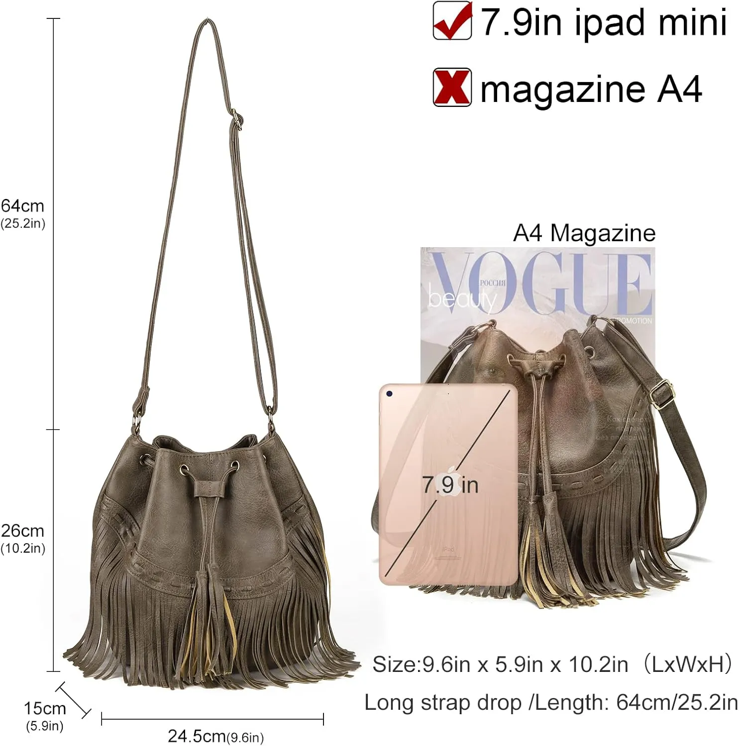 Leather Bucket Bags for Women Crossbody Fringe Purses with Drawstring Ladies Tassel Hobo and Shoulder Handbags