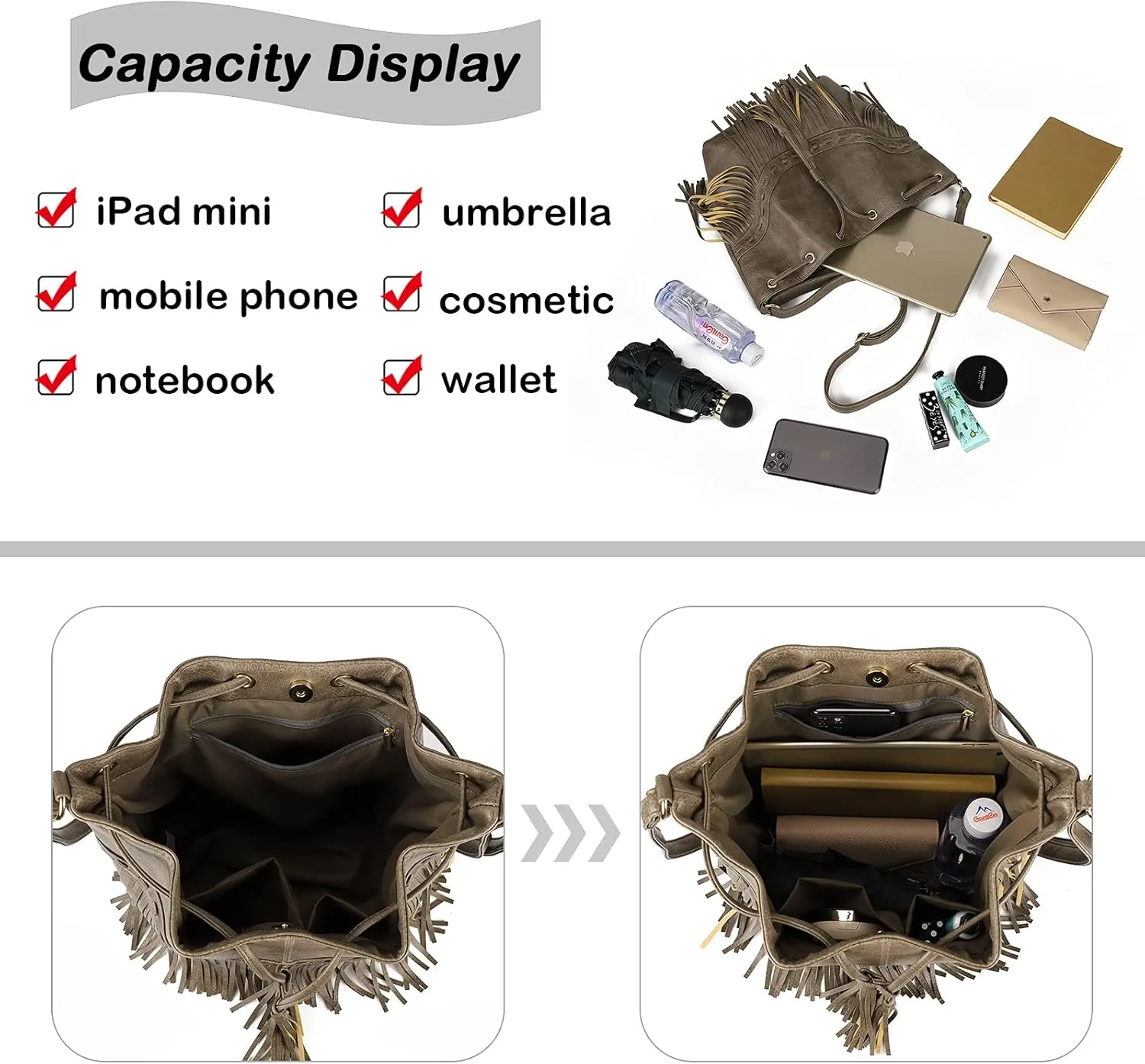 Leather Bucket Bags for Women Crossbody Fringe Purses with Drawstring Ladies Tassel Hobo and Shoulder Handbags