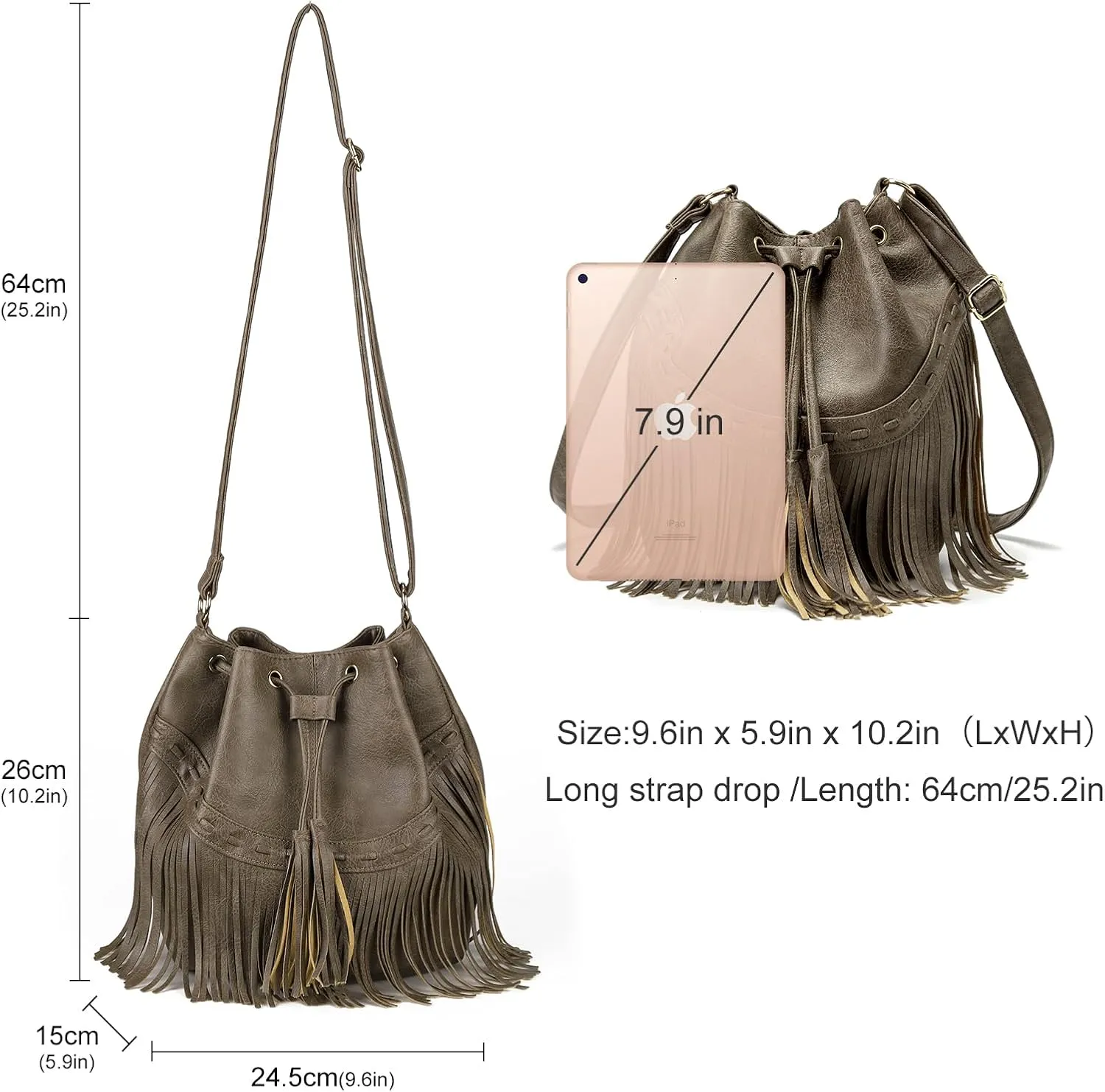 Leather Bucket Bags for Women Crossbody Fringe Purses with Drawstring Ladies Tassel Hobo and Shoulder Handbags